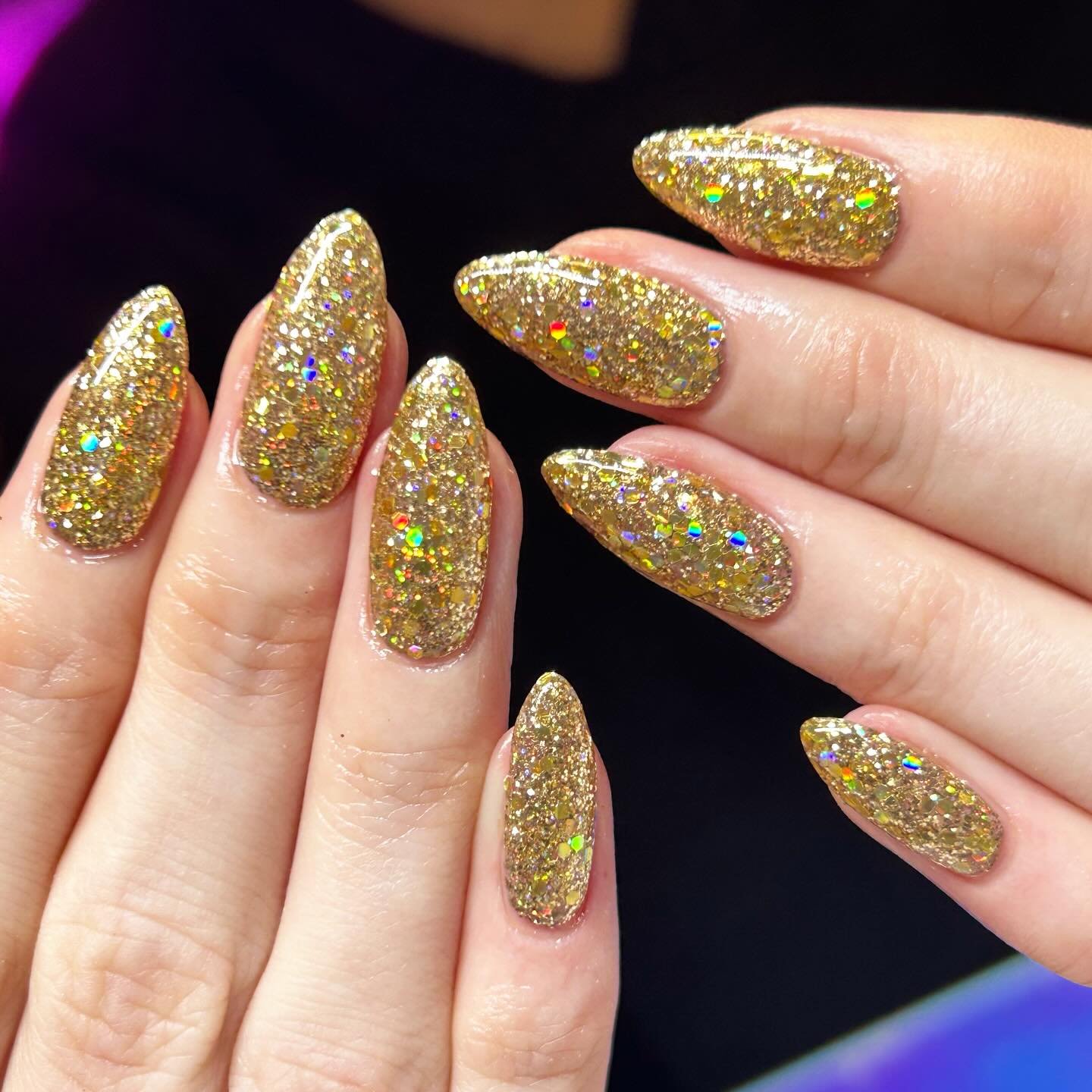 Dense Multicolor Gold Glitter Almond Nails