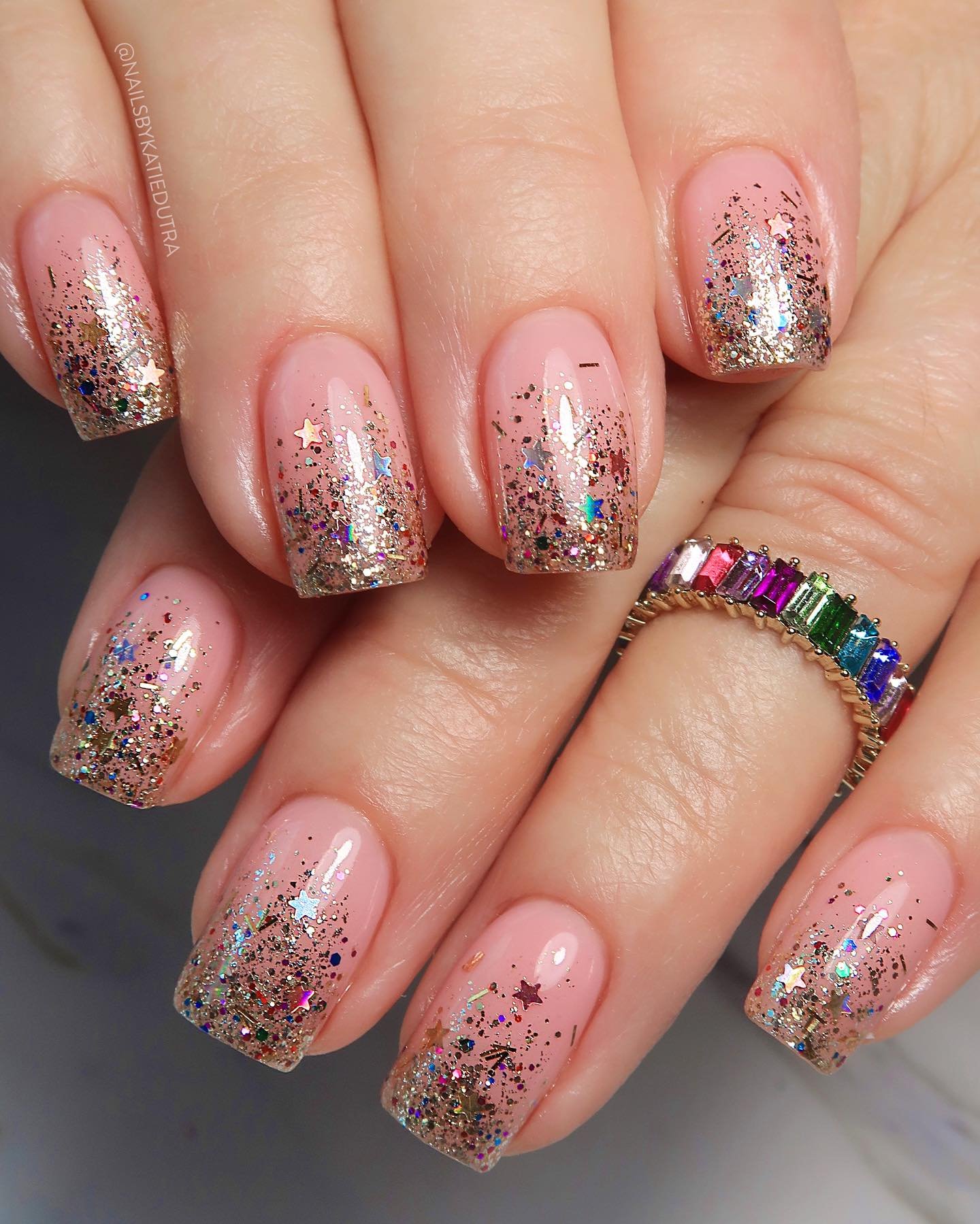Pink Nails with Multicolor Glitter French Tips