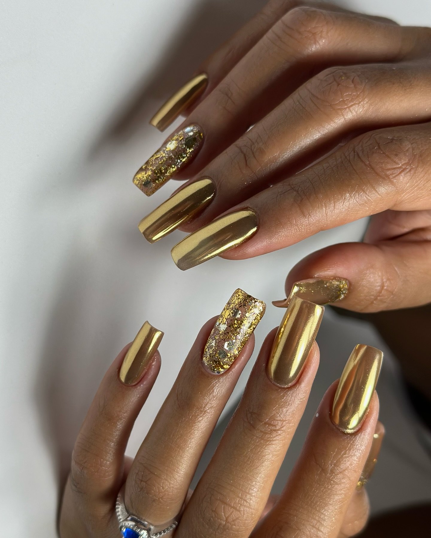 Metallic Gold Long Coffin Nails with Glitter Accents