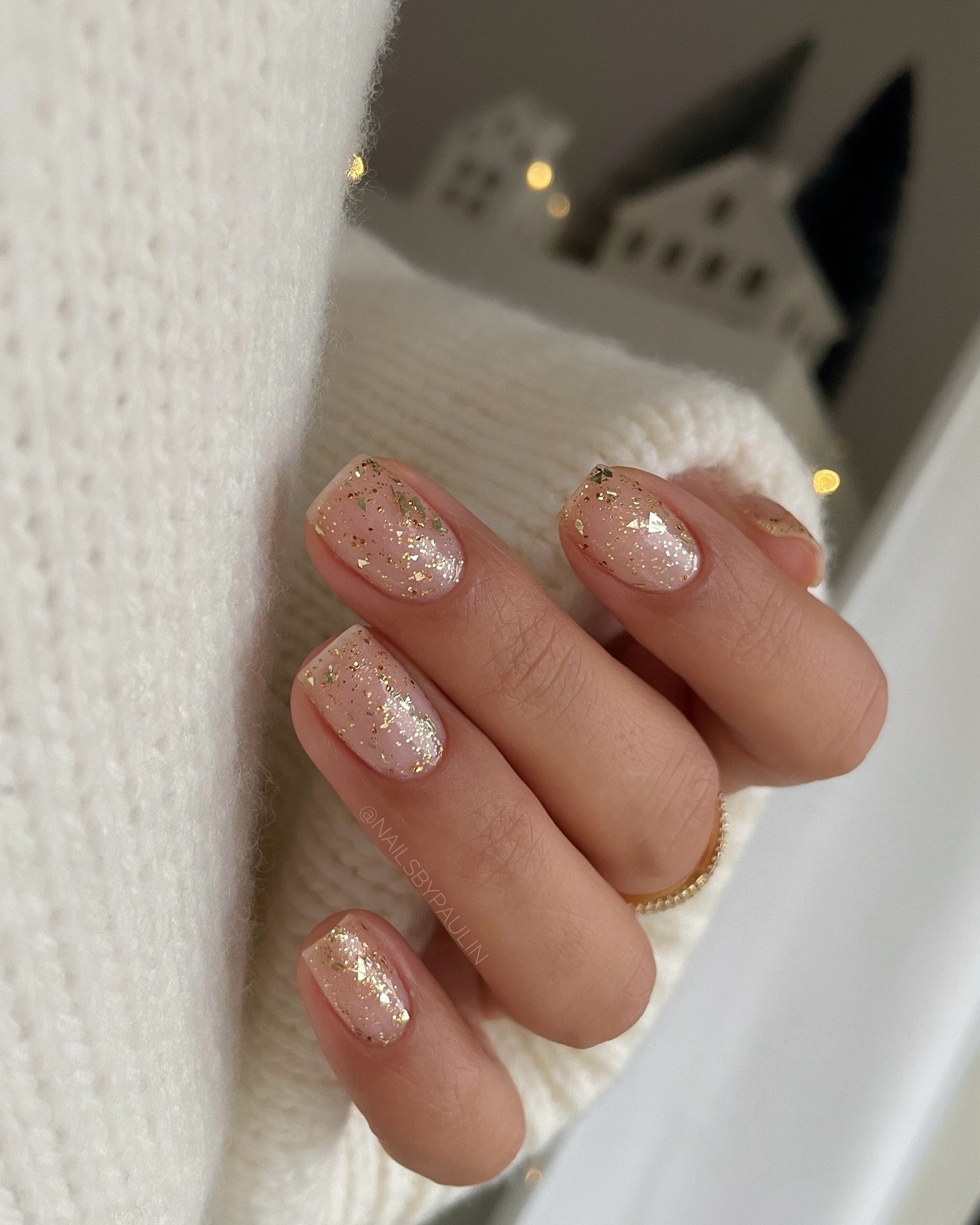 Sheer Nude Nails with Fine Gold Glitter
