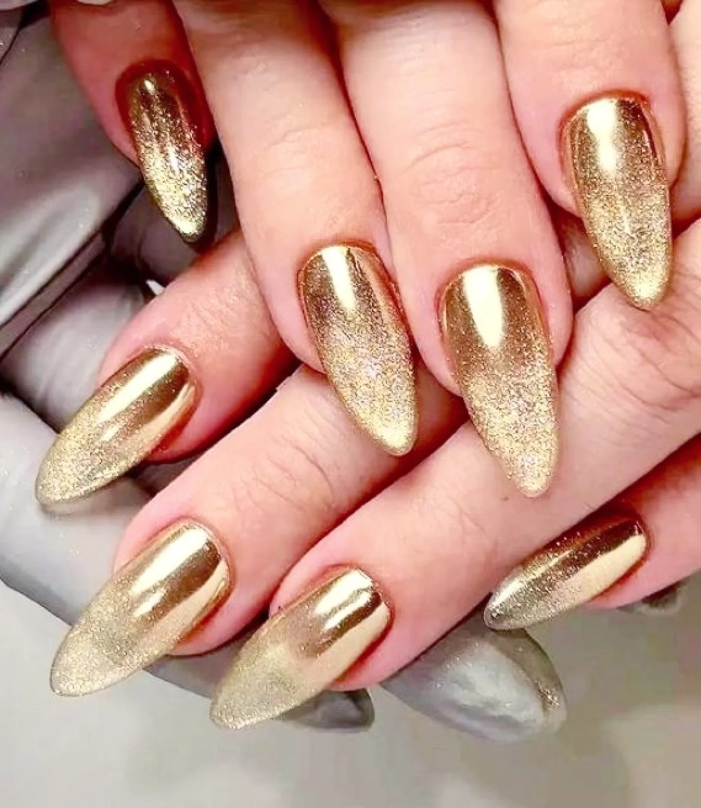 Mixed Metallic Gold Almond Nails