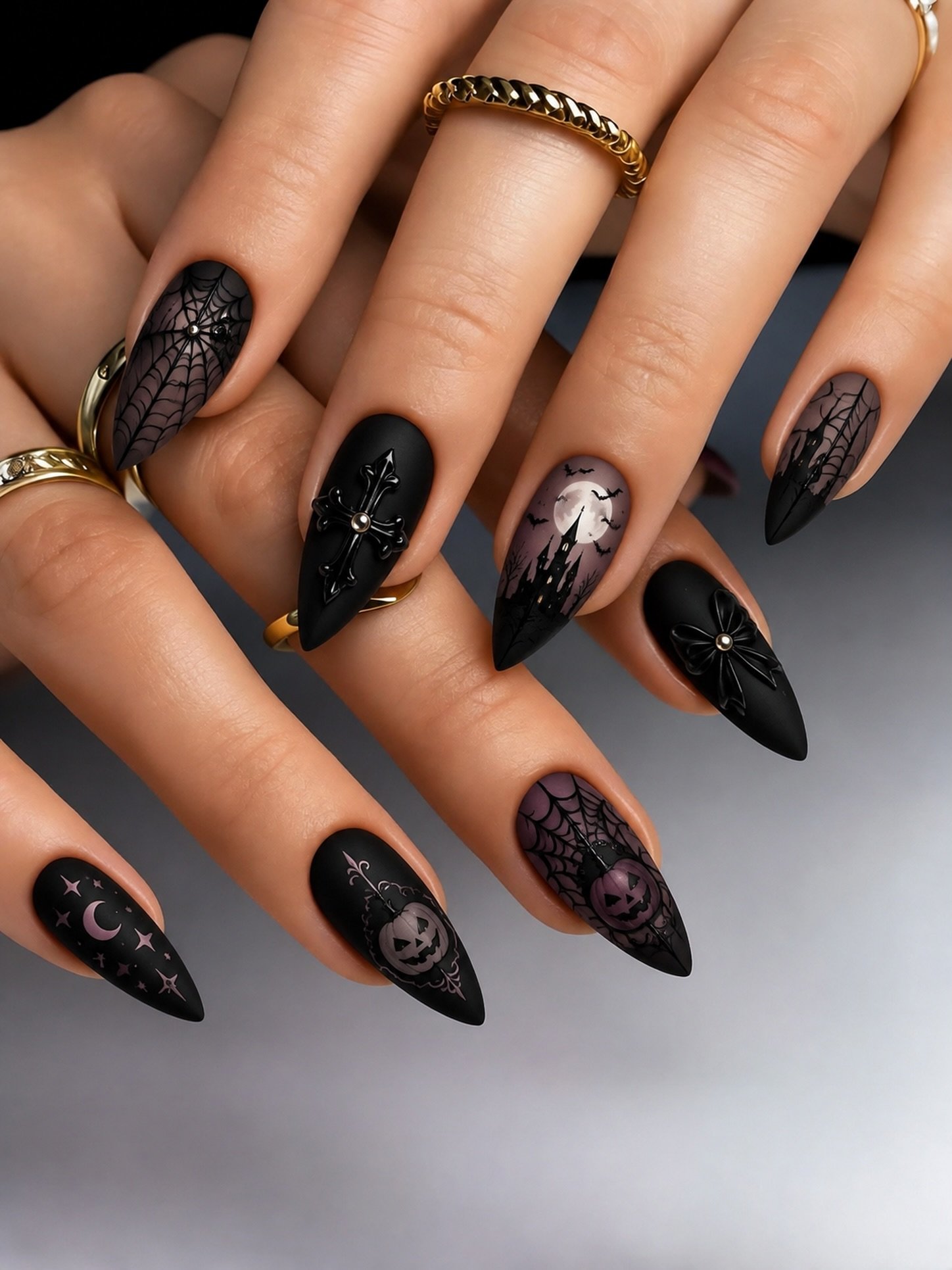 Matte black almond-to-pointed nails are decorated with raised-looking spiderweb patterns and small contrasting accents.
