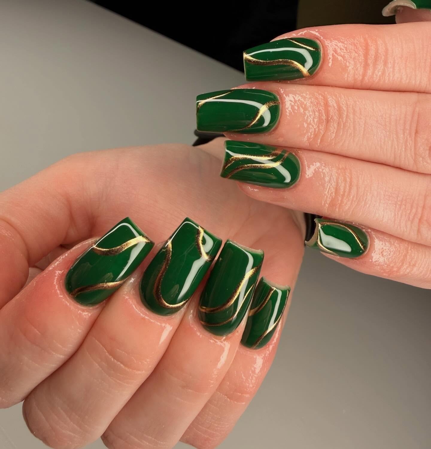 Emerald Green and Nude Almond Nails with Gold Outlines