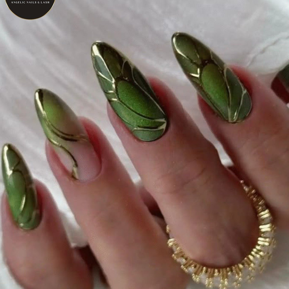 Deep Green and Shimmering Gold Accent Nails
