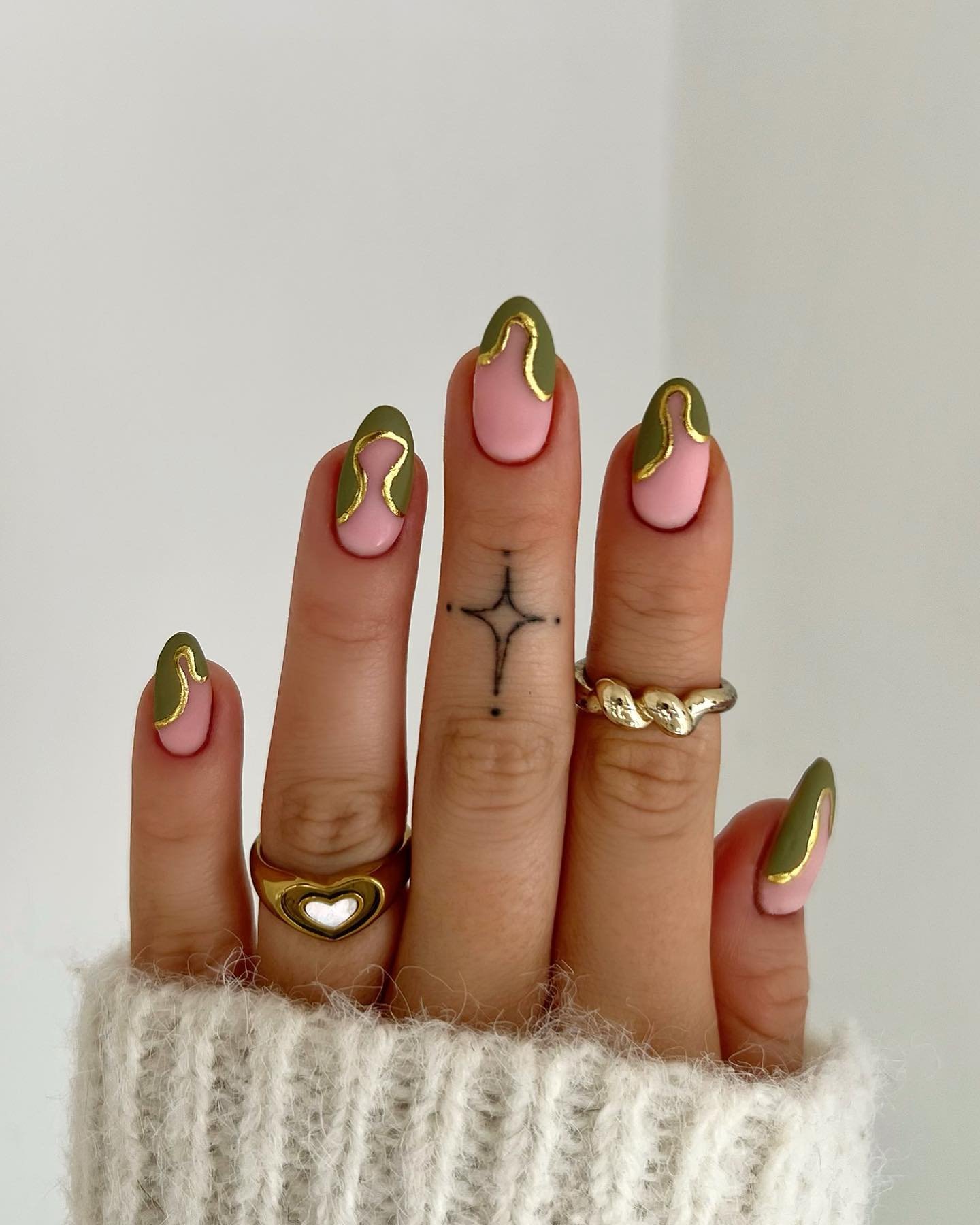 Emerald Green and Nude Nails with Gold Framing
