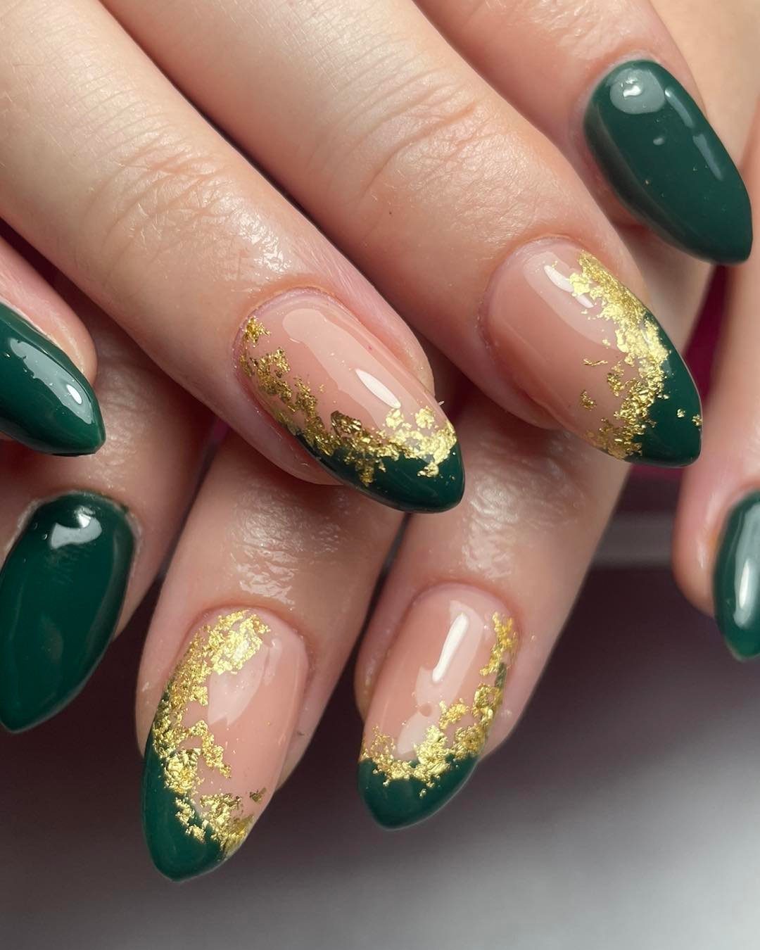 Pink Nude Nails with Green Tips and Gold Accents