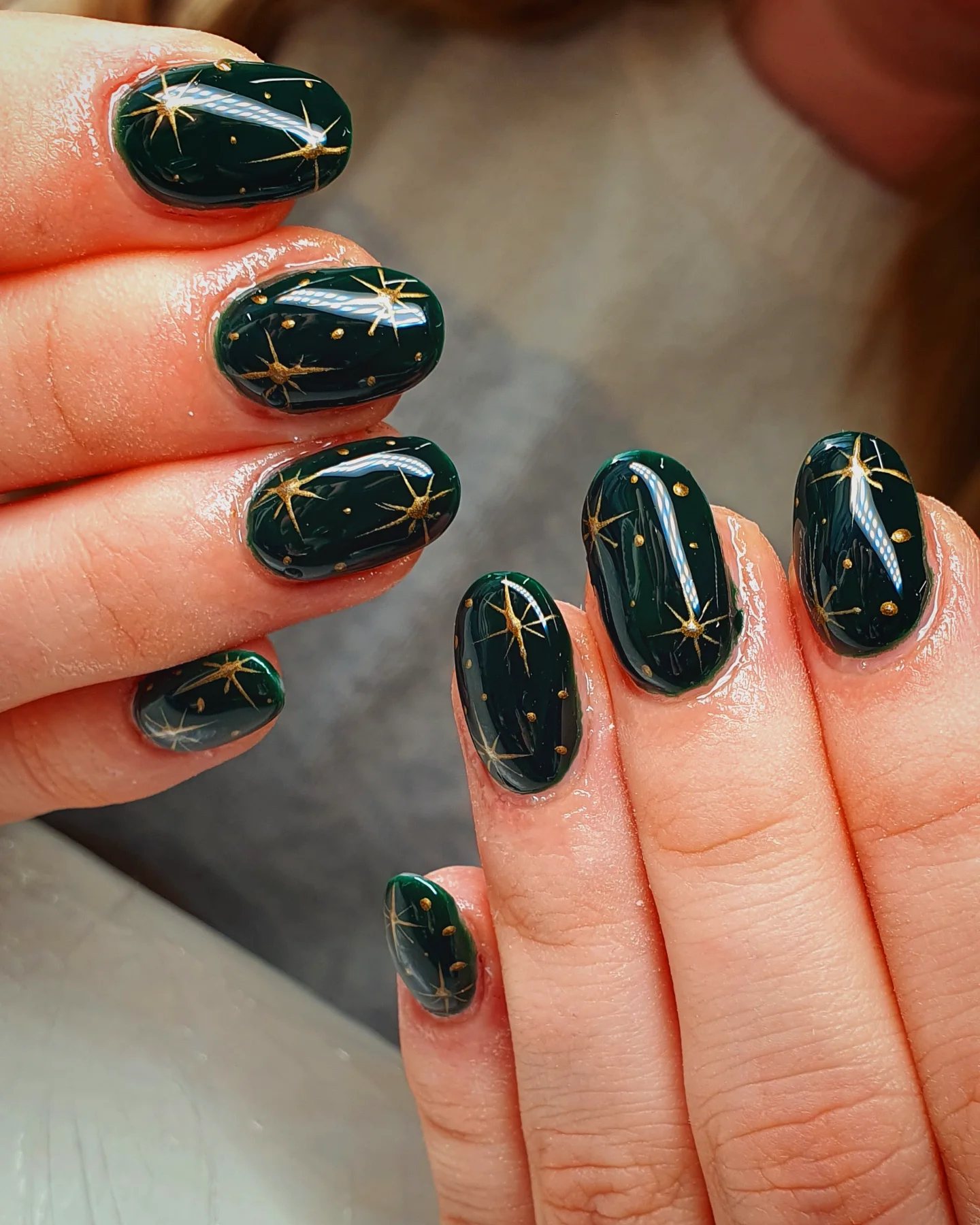 Deep Green Nails with Botanical White-and-Gold Details