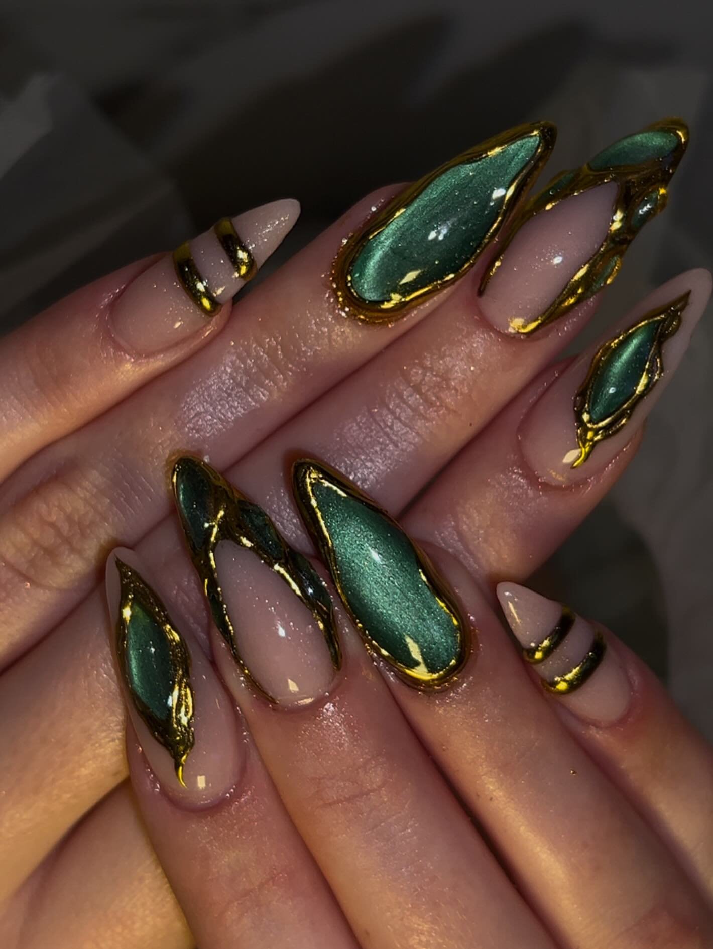 Matte Olive Nails with Gold Foil Accents