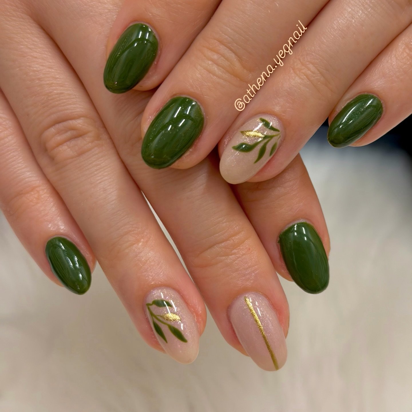 Deep Green and Nude Nails with Gold Foil Texture