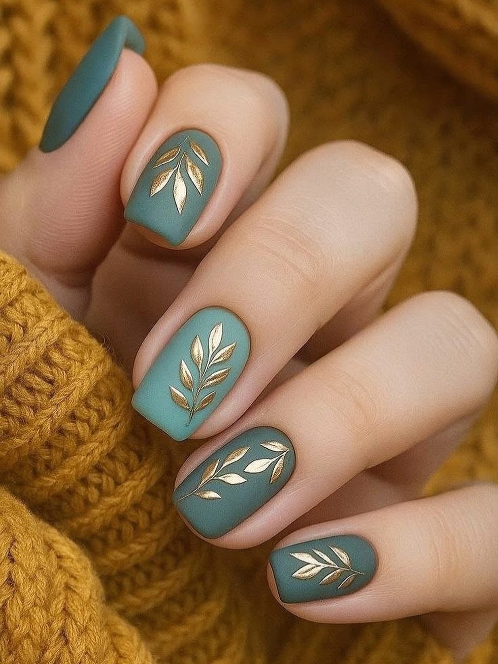 Olive and Nude Stiletto Nails with Gold Botanical Accents