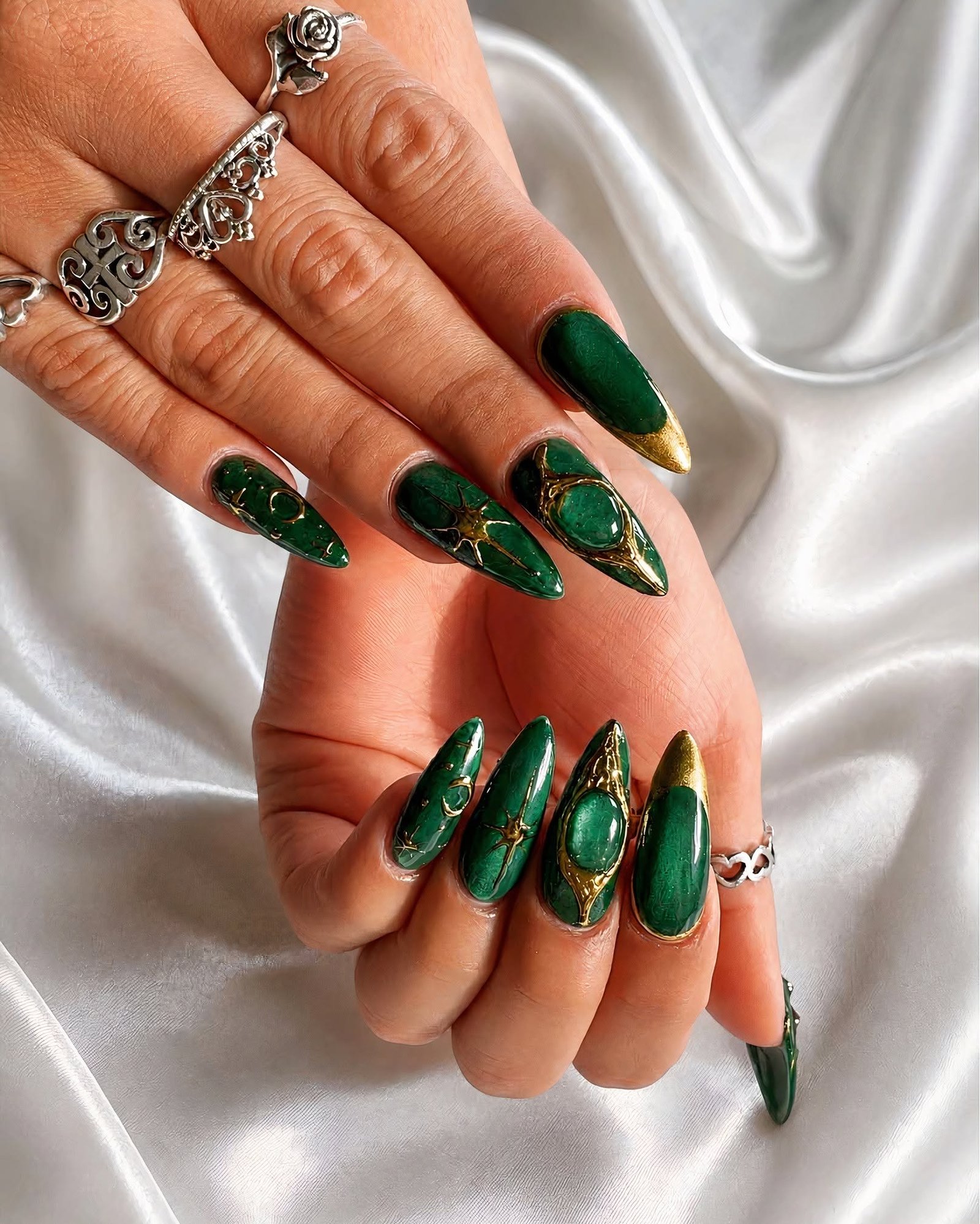 Olive Green Nails with Gold Foil and Checkered Accents