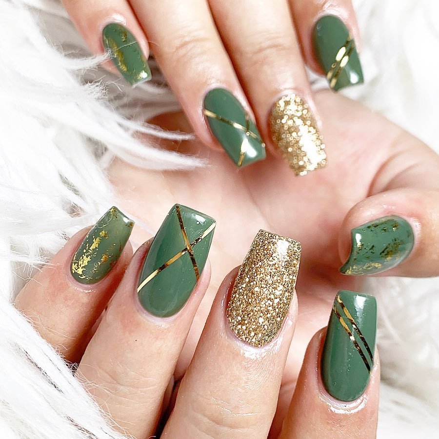 Translucent Olive Green Nails with Gold Leaf Details