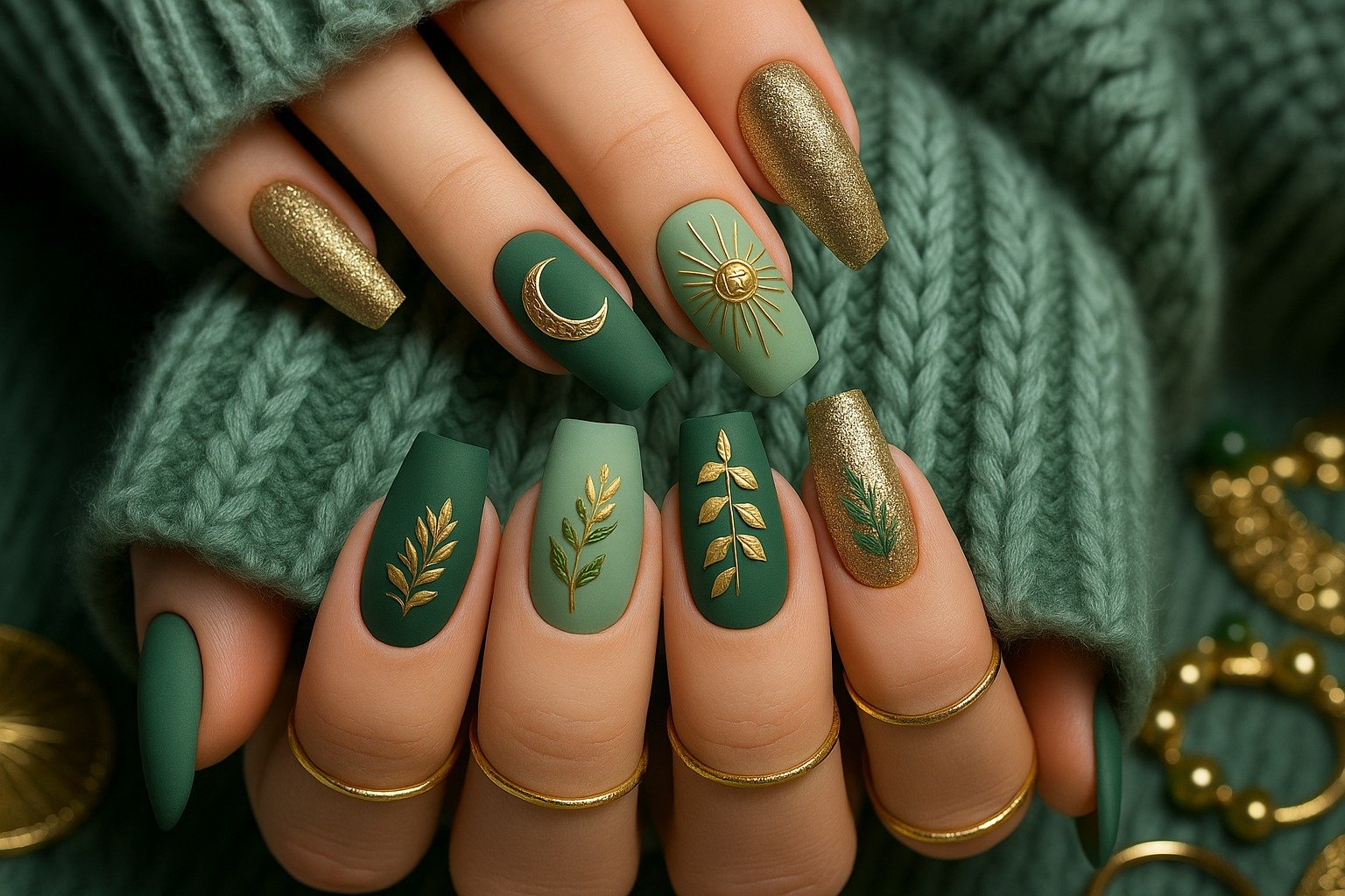 Olive Green Nails with Layered Gold Outlines