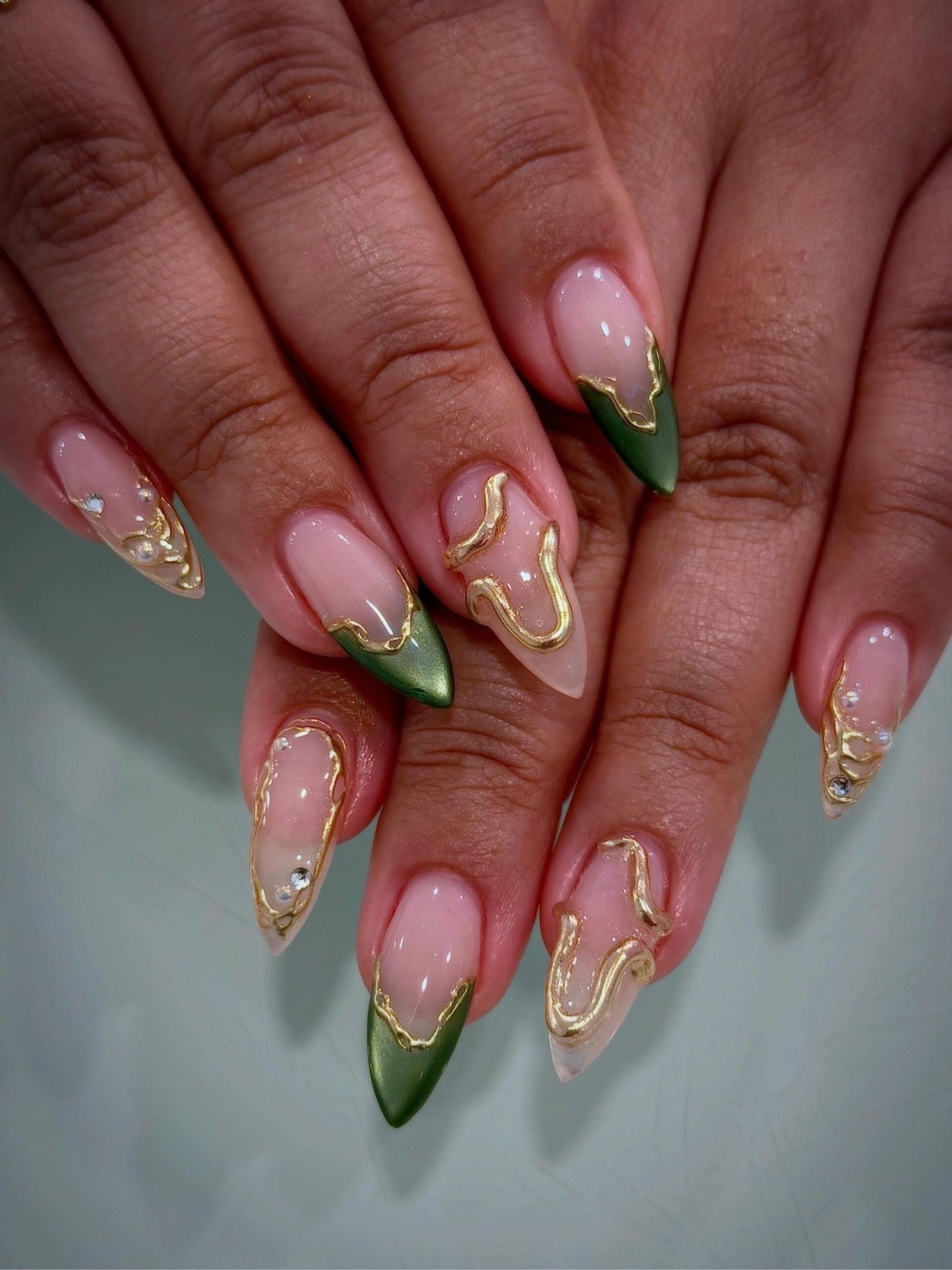 Deep Teal Green Nails with Minimal Gold Lines