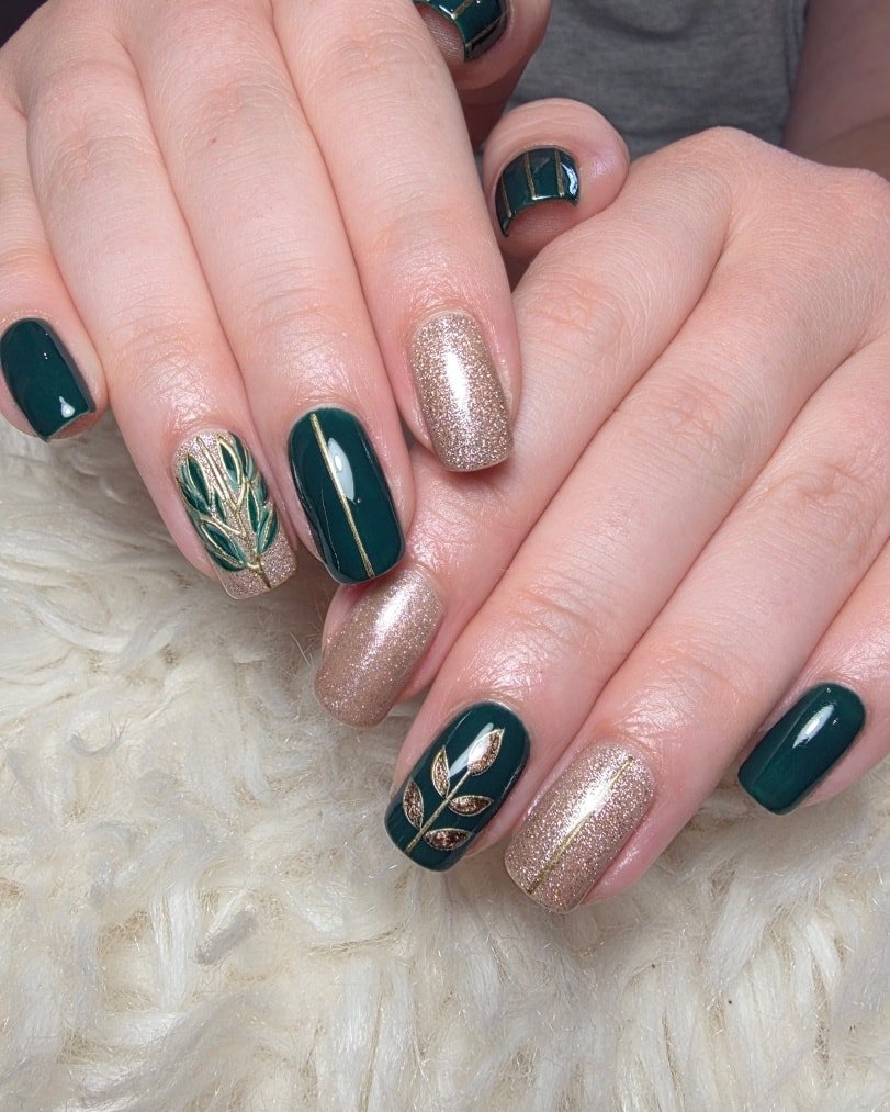 Olive Green Nails with Gold Foil Flecks