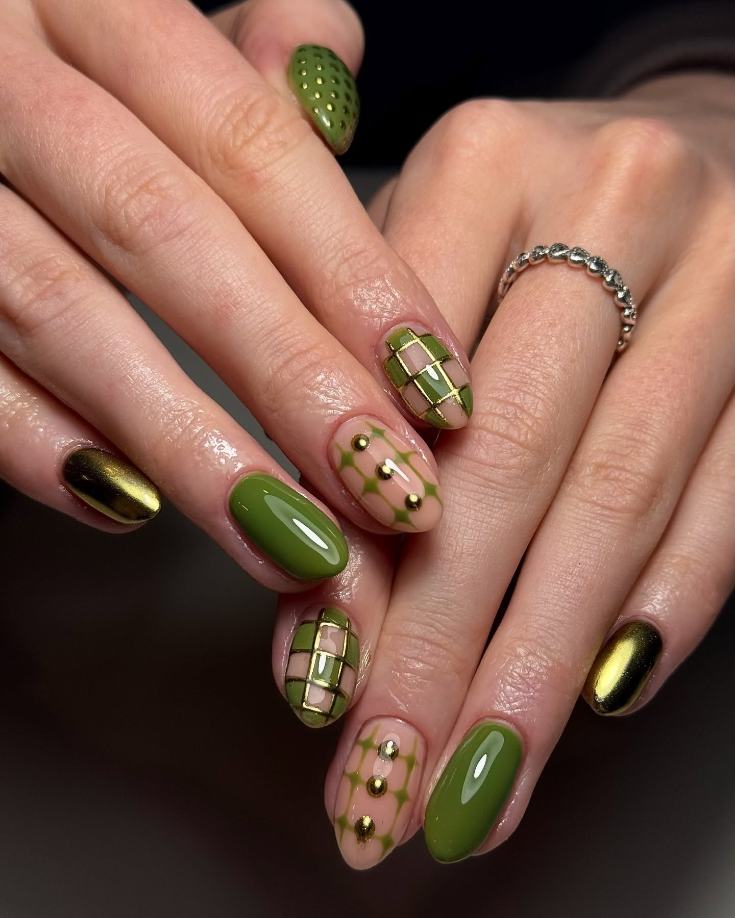 Nude and Deep Green Nails with Gold Foil French Tips