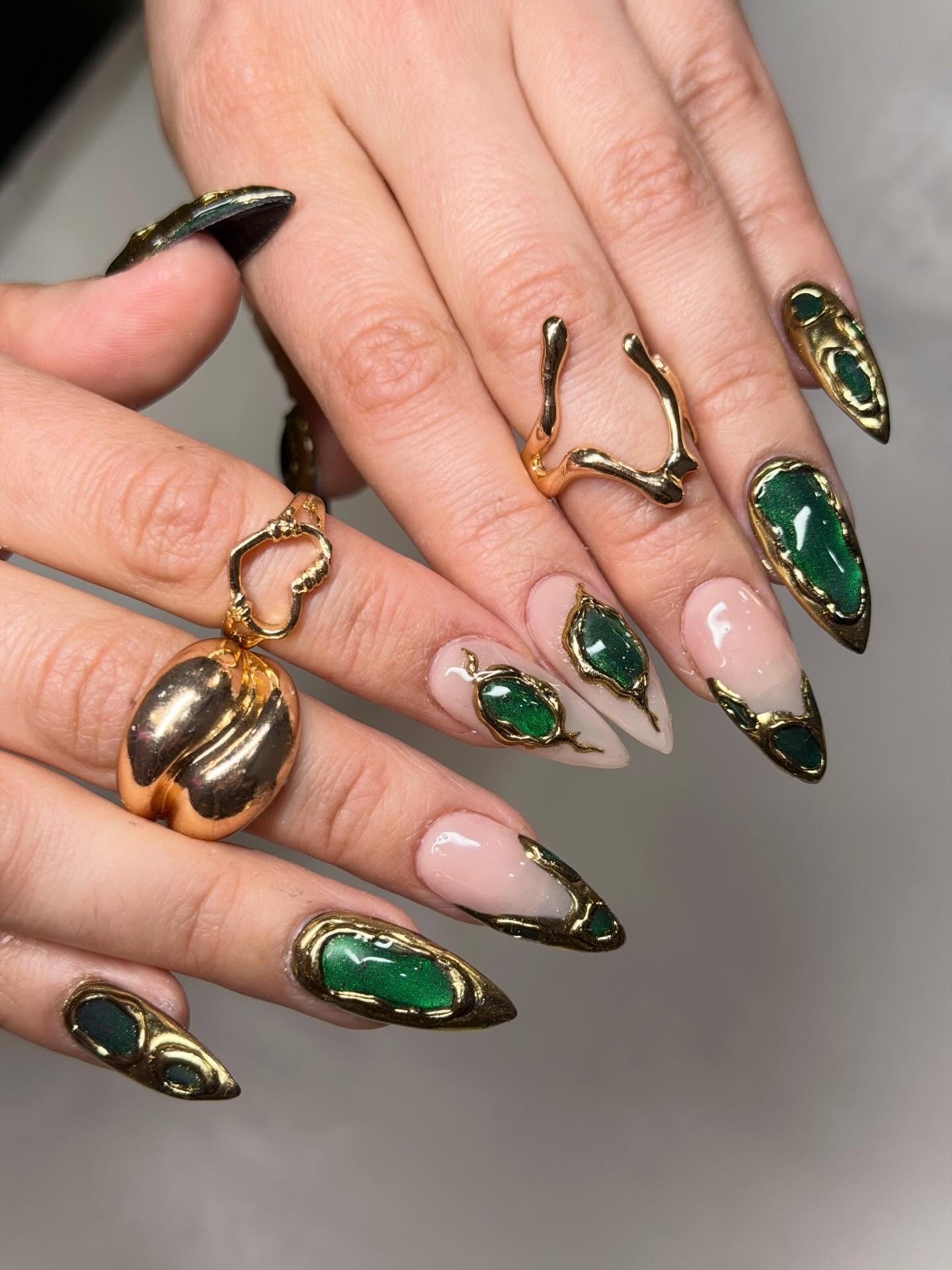 Dark Green Nails with Abstract Gold Swirls