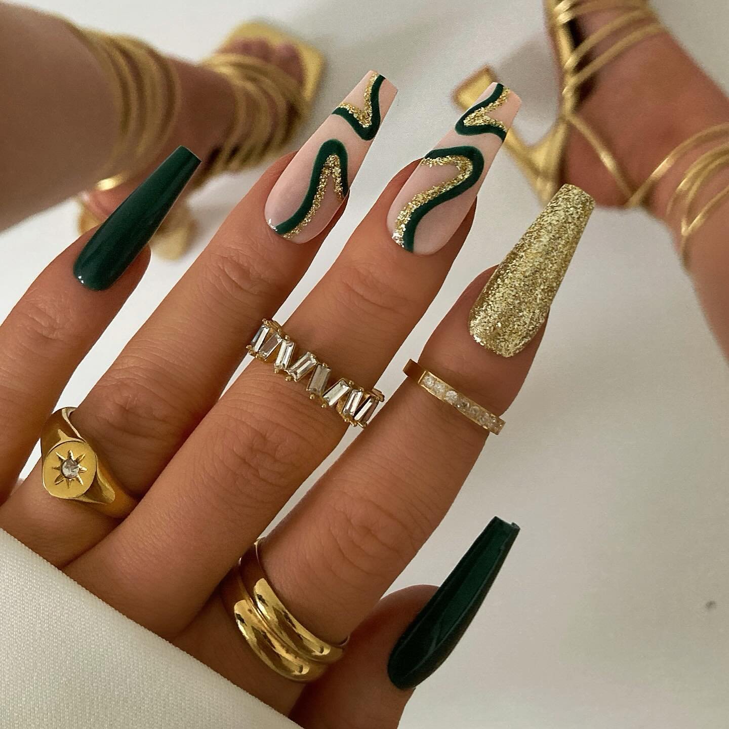 Sage Green Nails with Gold Botanical and Crescent Details