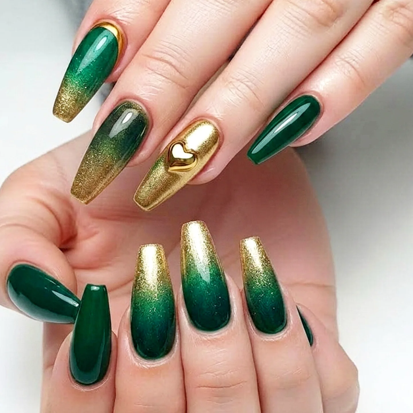 Deep Green Nails with Abstract Gold Linework