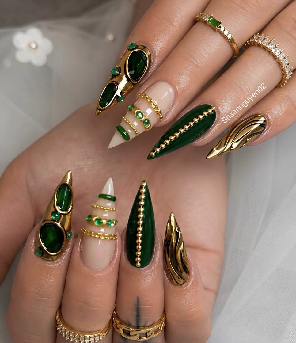 Sage Green Nails with Gold Glitter and Linear Accents
