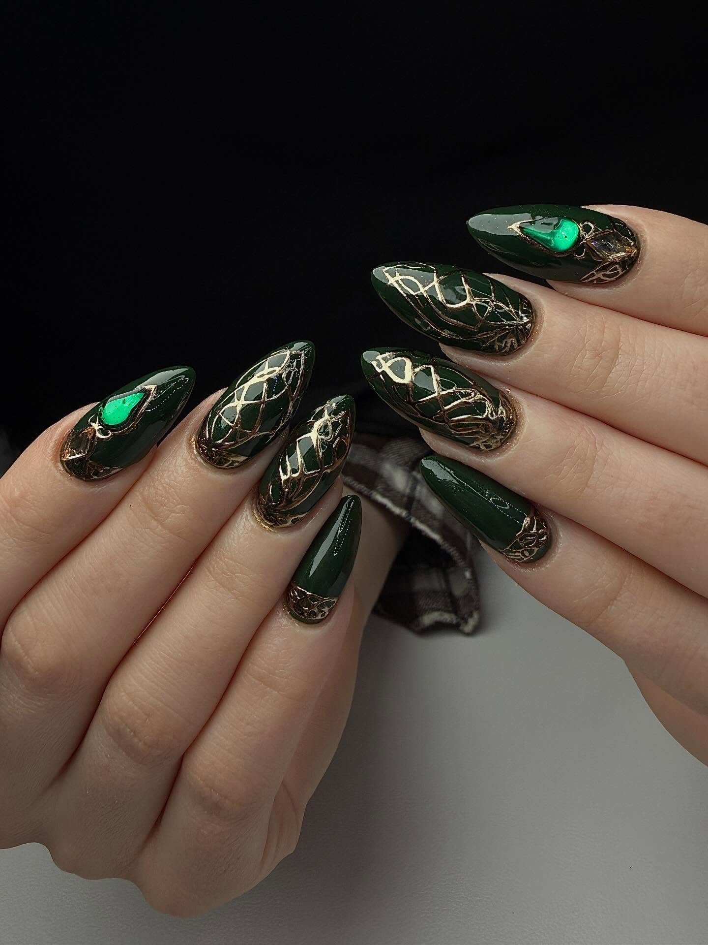 Matte Sage Nails with Delicate Gold Leaf Motifs