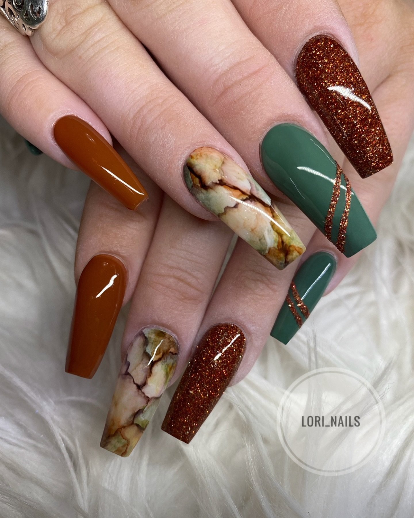 brown  green  and glitter accent nails