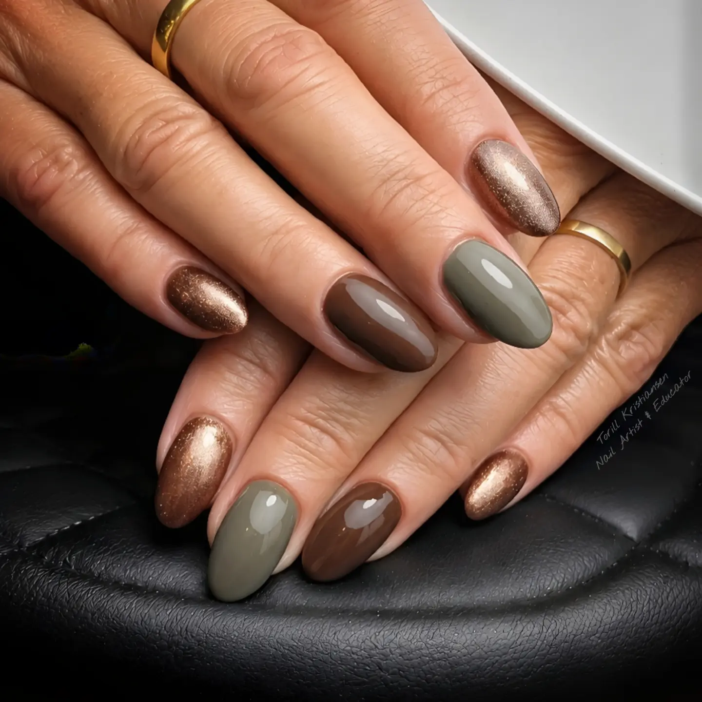 muted olive and taupe glossy nails