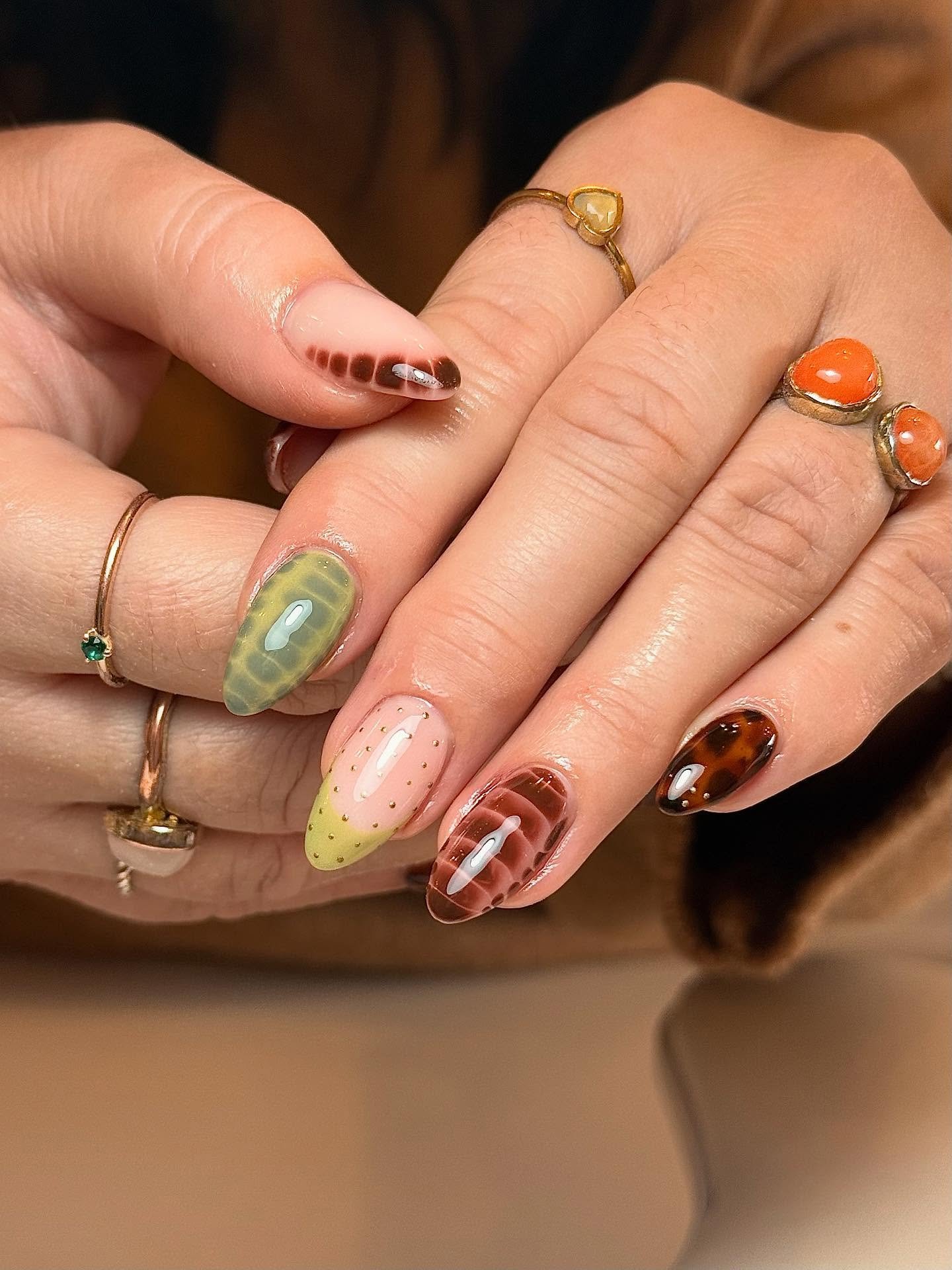 olive green  brown  and nude accent nails