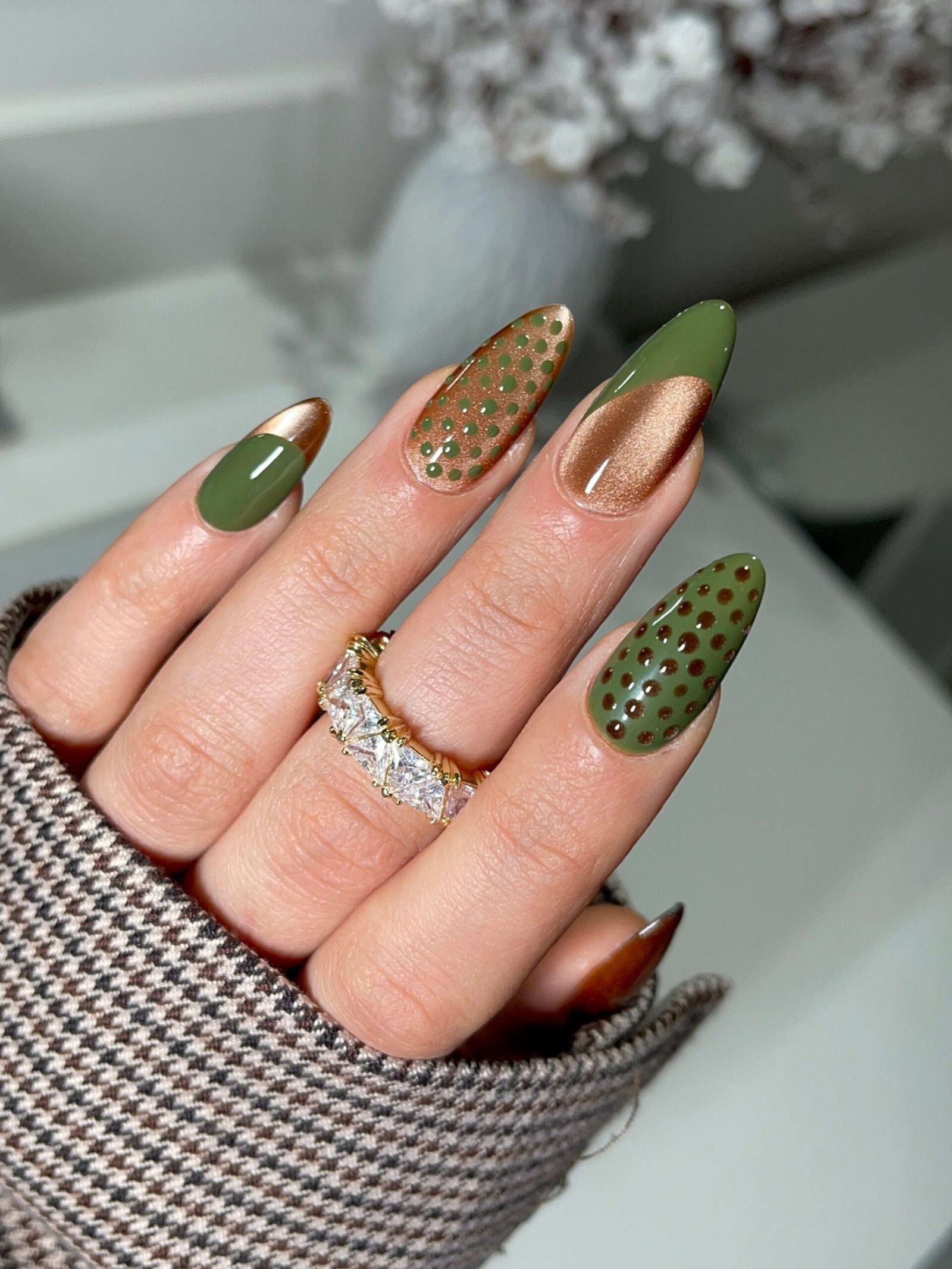 olive green and brown patterned nails