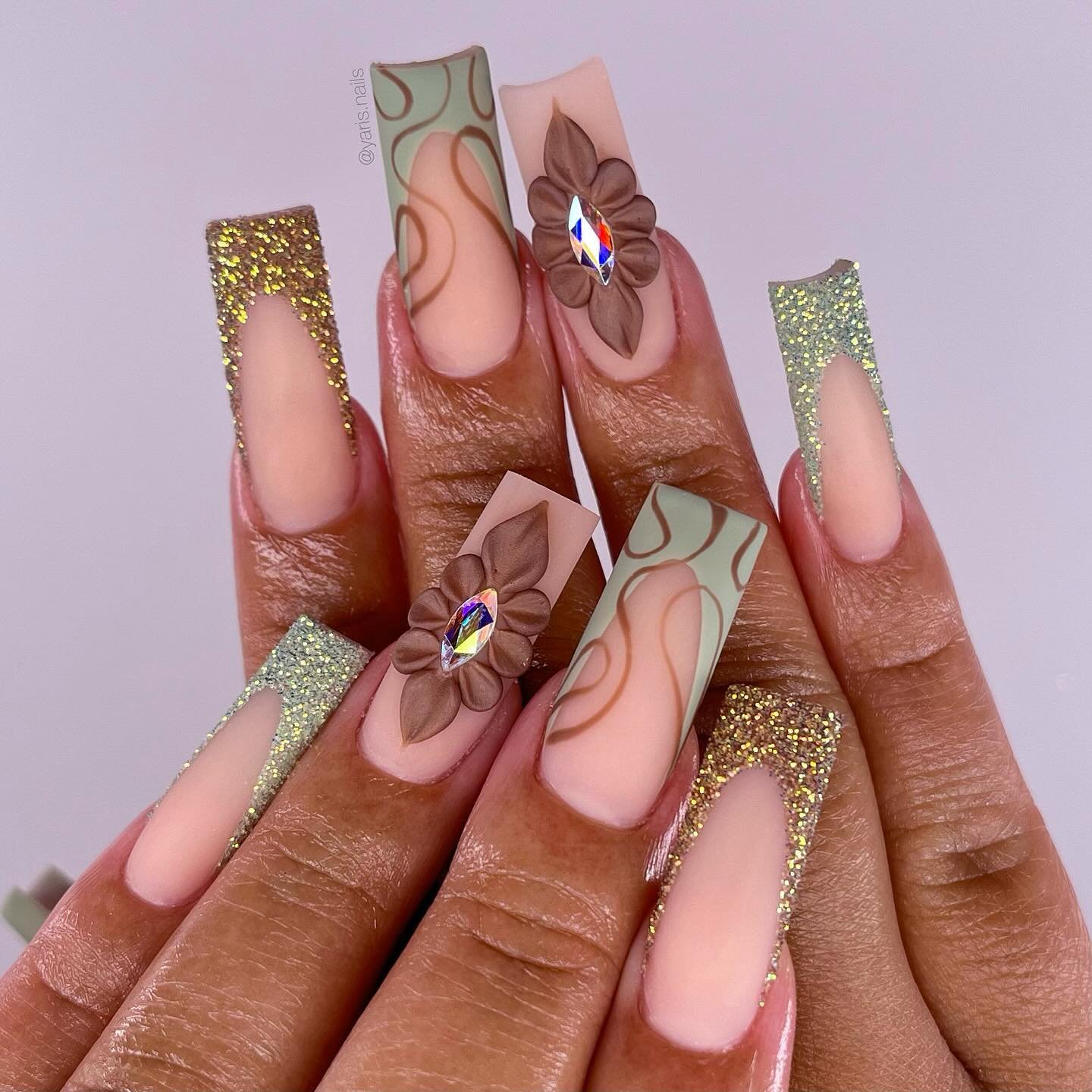olive green and brown nails with gold accents