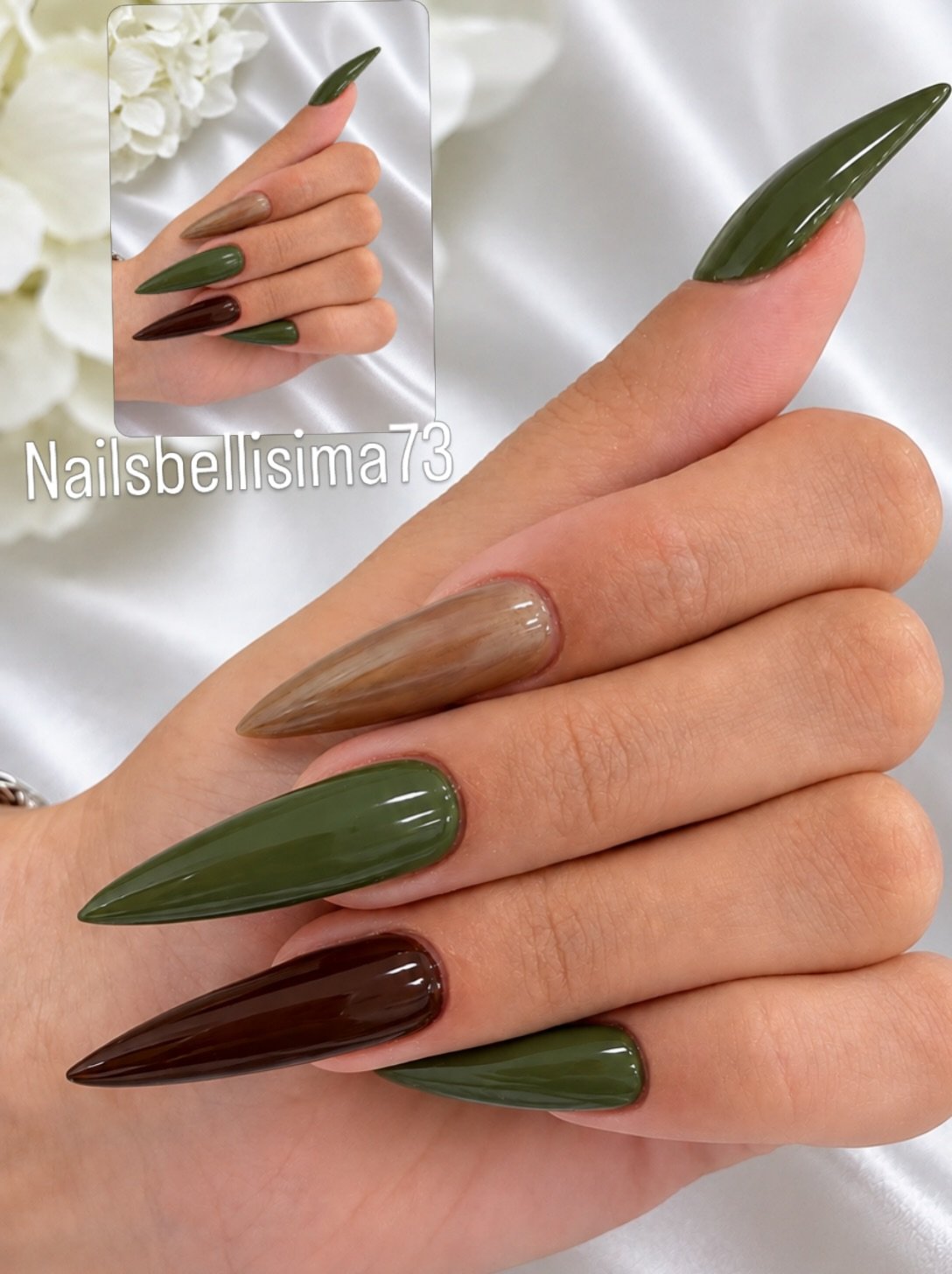 long green  brown  and nude almond nails