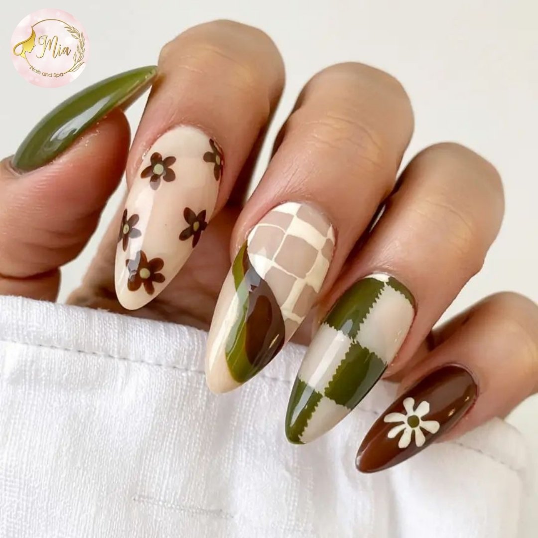 green and brown checkerboard accent nails