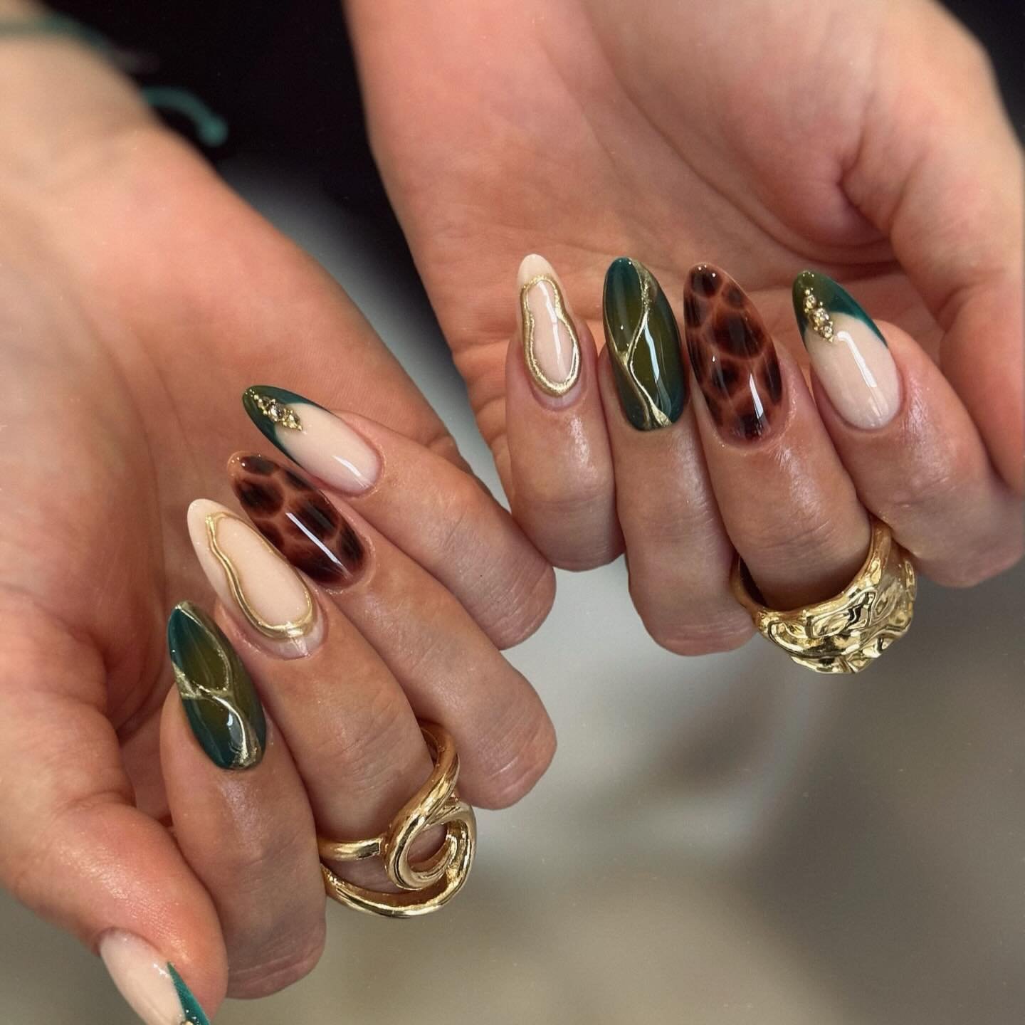 green  brown  and nude mixed finish nails