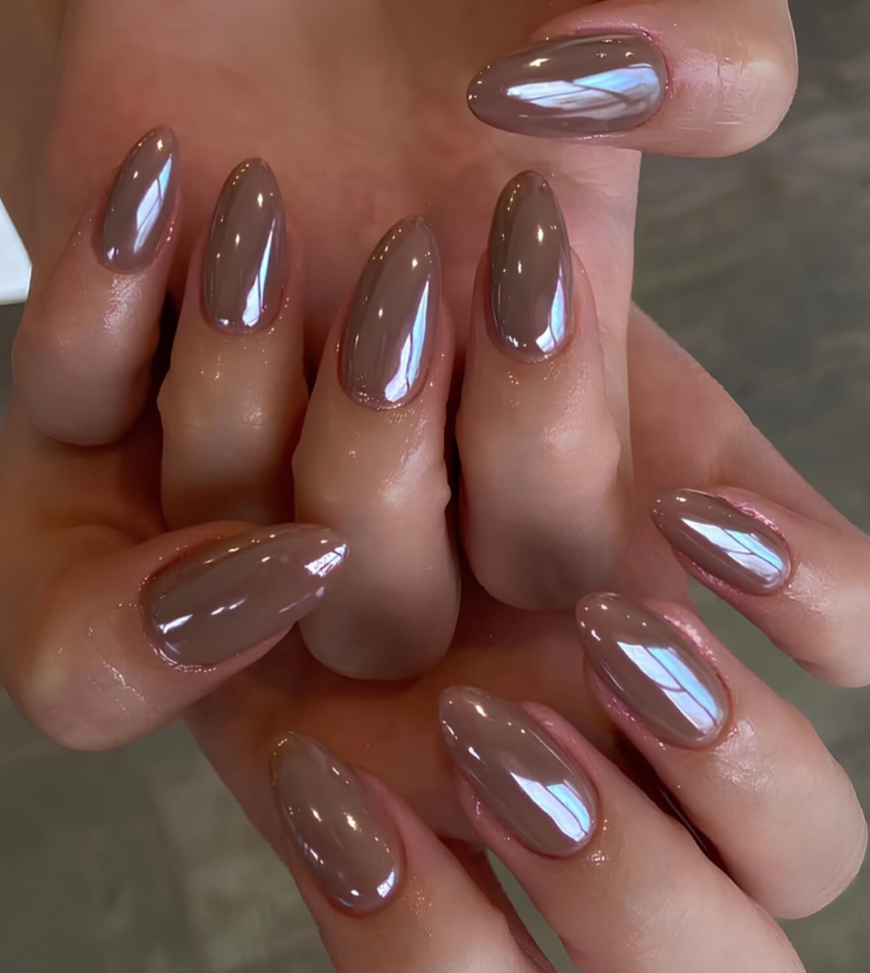 taupe brown chrome French tip nails