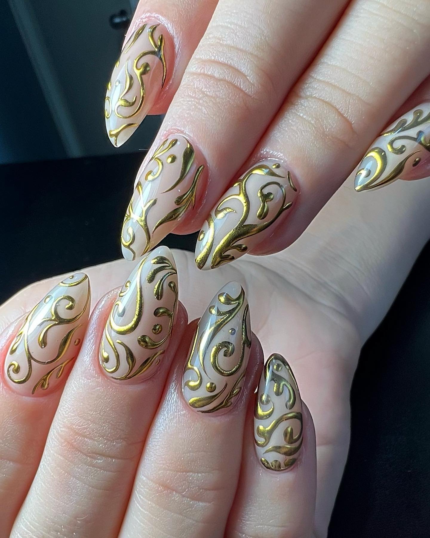 dark chocolate chrome almond nails