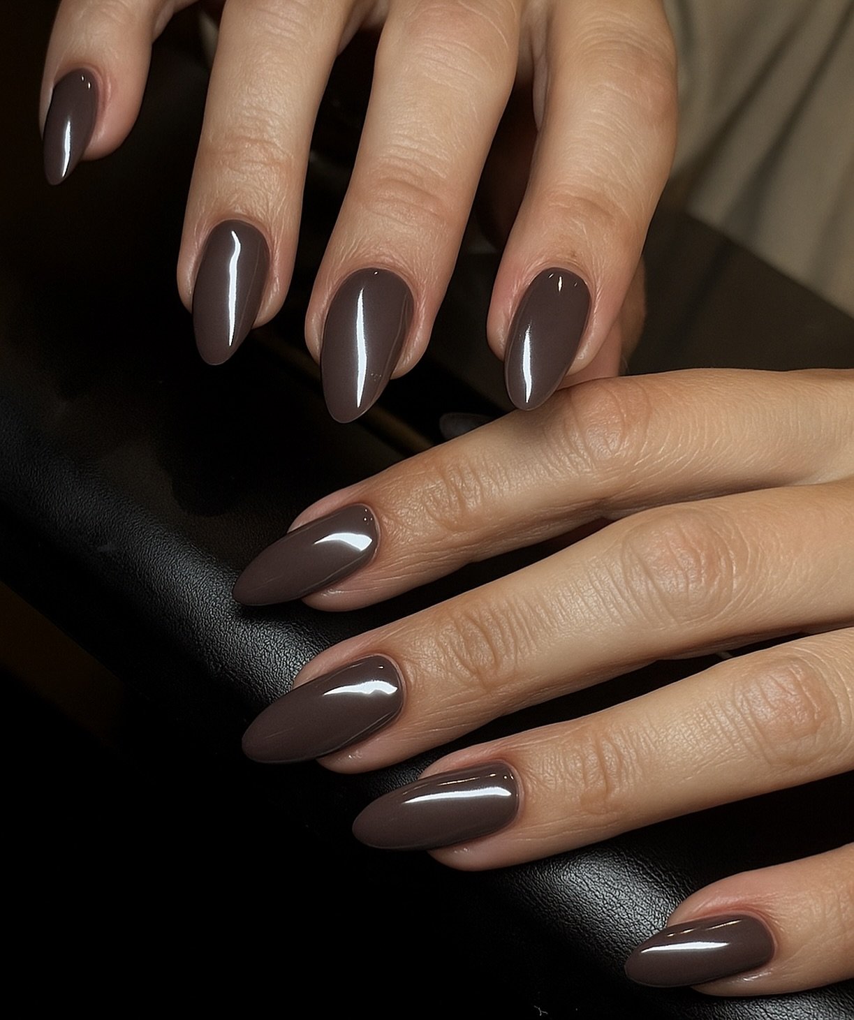 glossy espresso brown almond nails