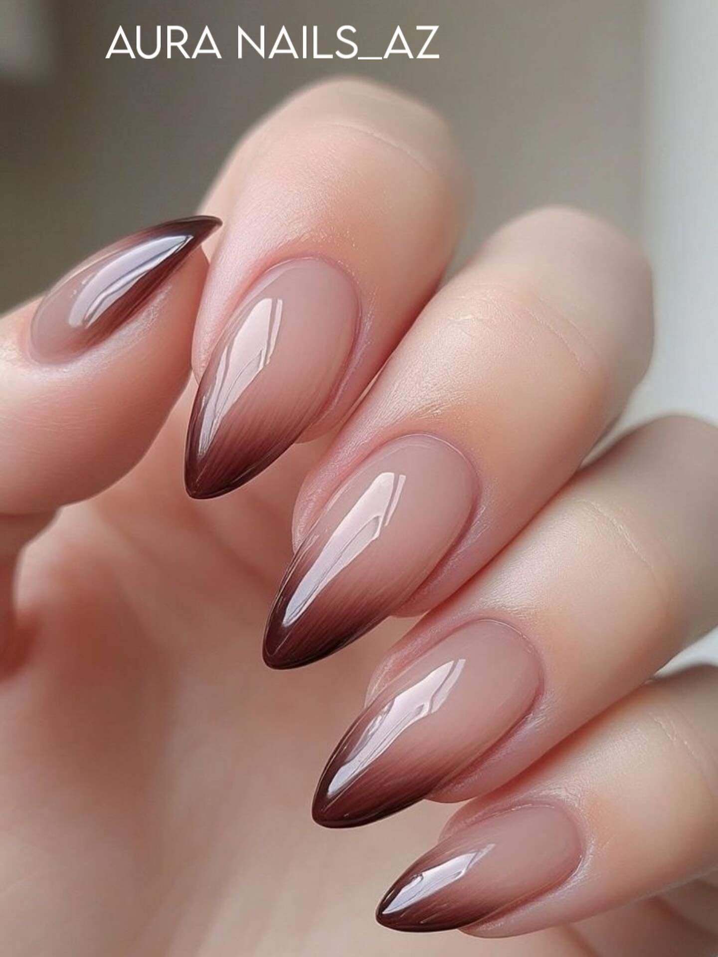 deep brown stiletto nails with gold edging
