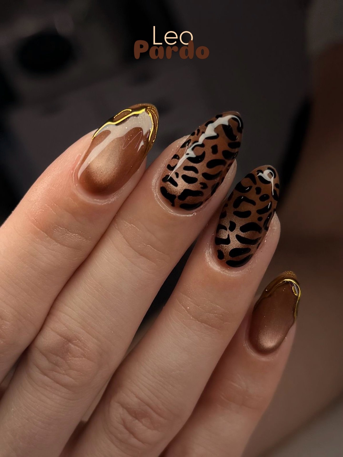 Glossy Brown and Leopard Long Nails