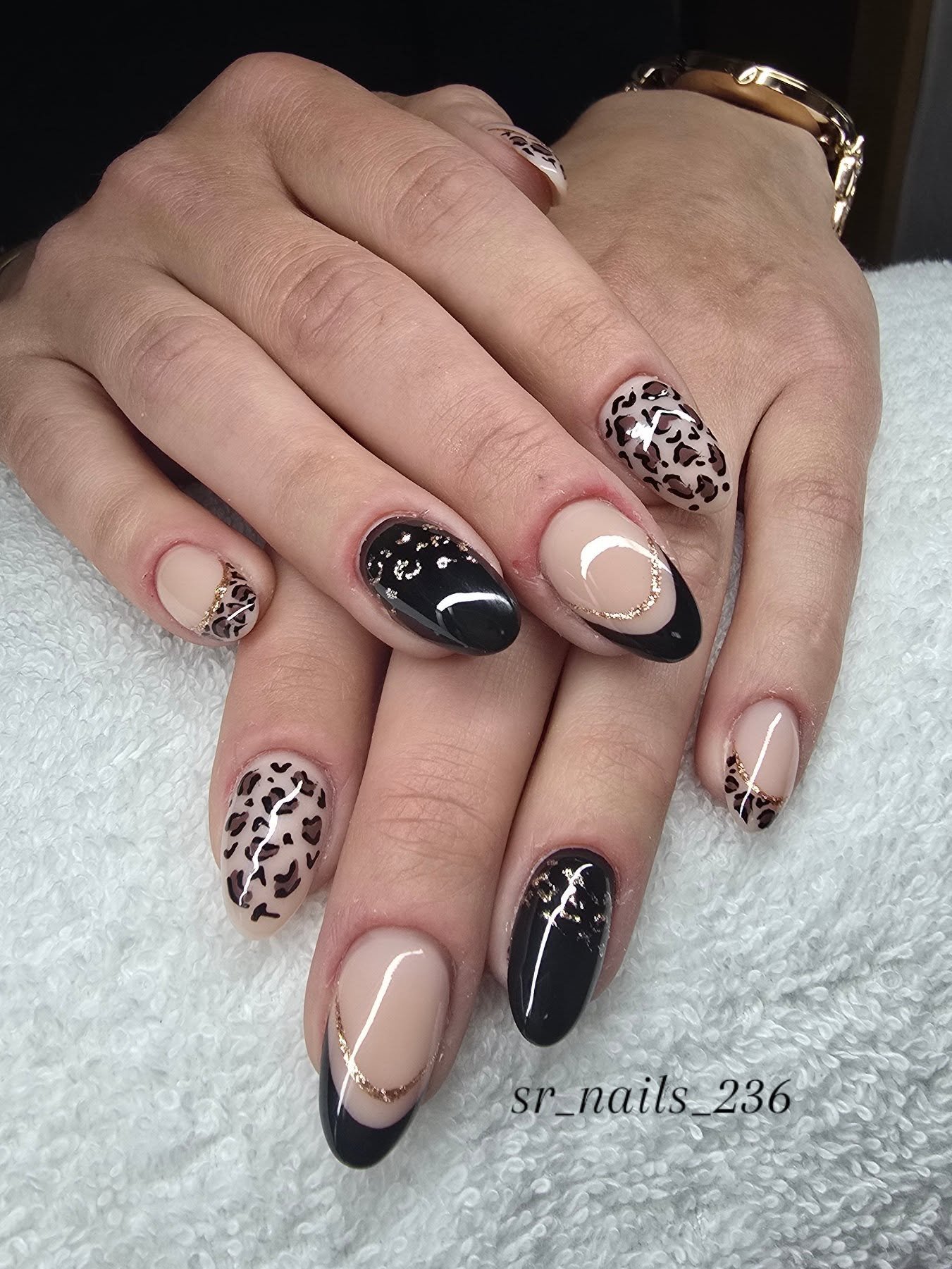 Black, Nude, and Leopard Oval Nails