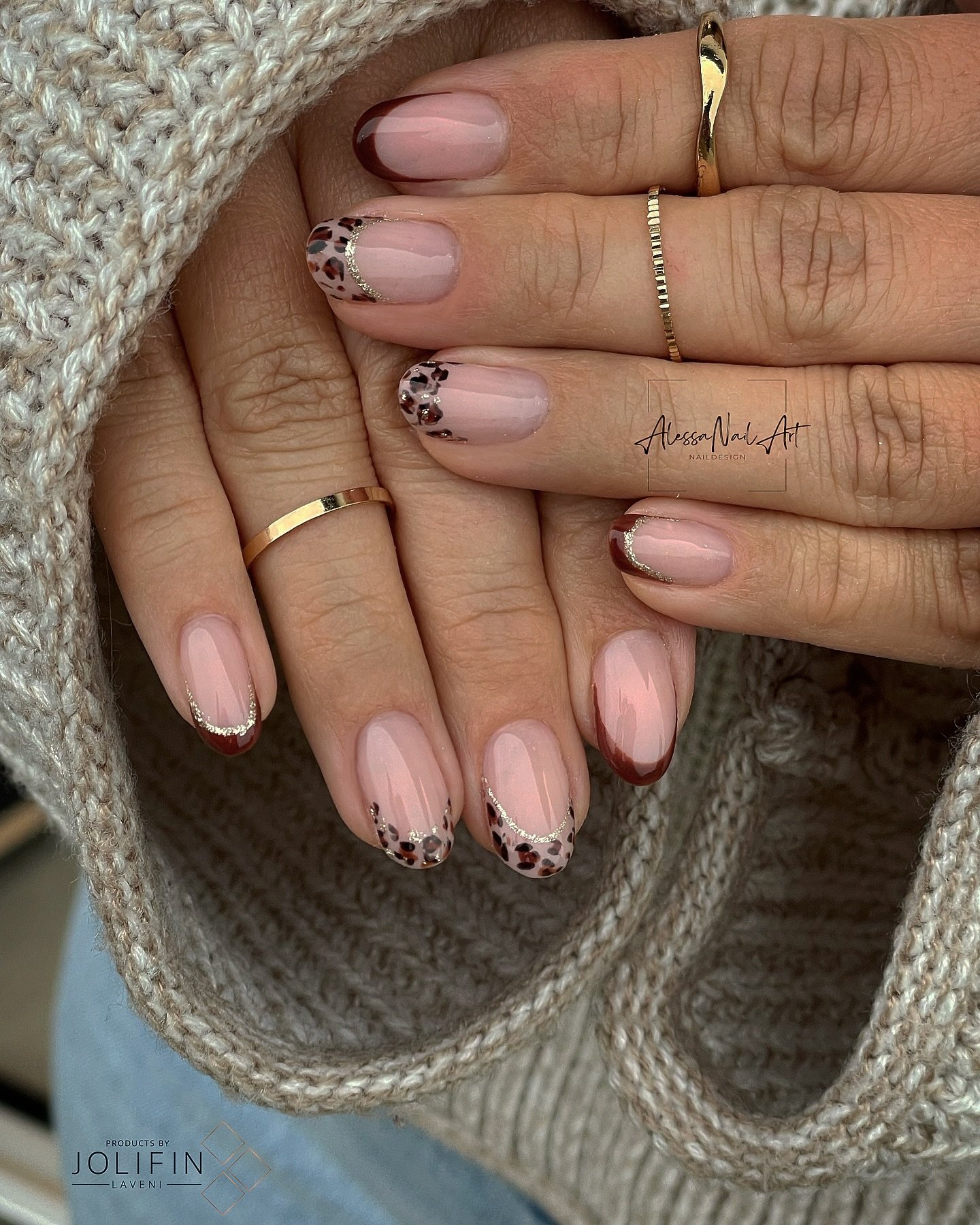 Nude Leopard and Red Almond Nails