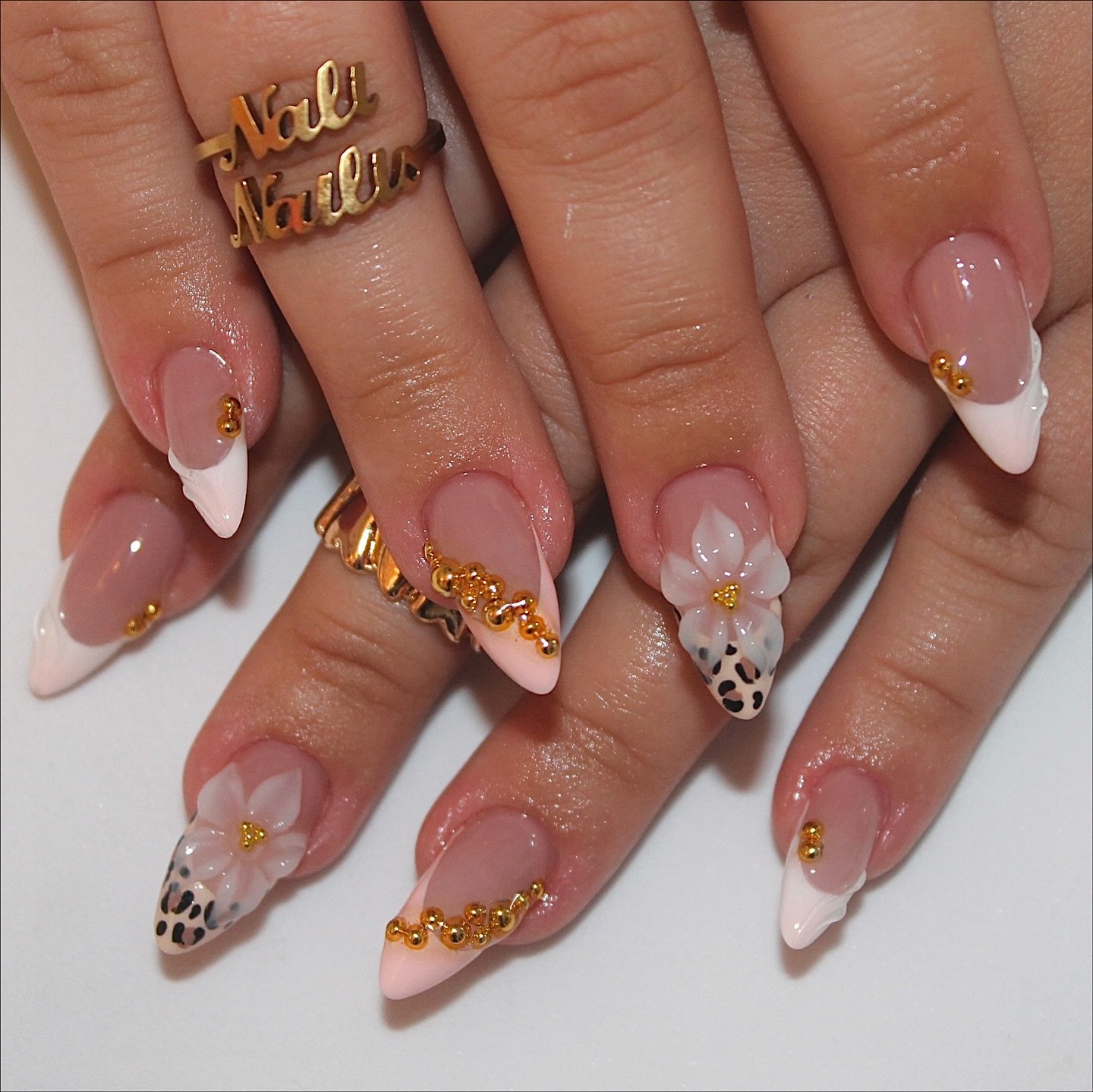 Soft Nude, Leopard, and Gold Accent Nails
