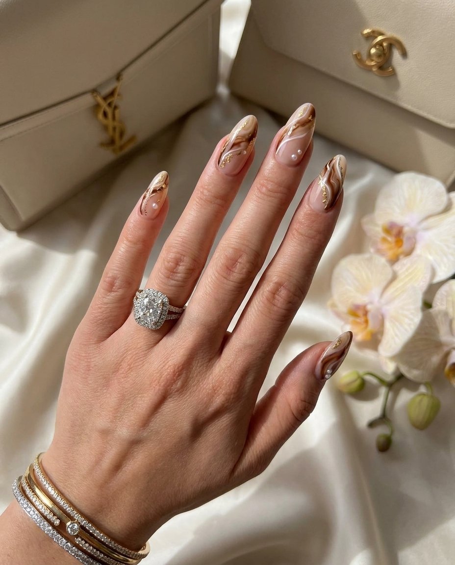 Sheer Nude Almond Nails with Brown French Tips