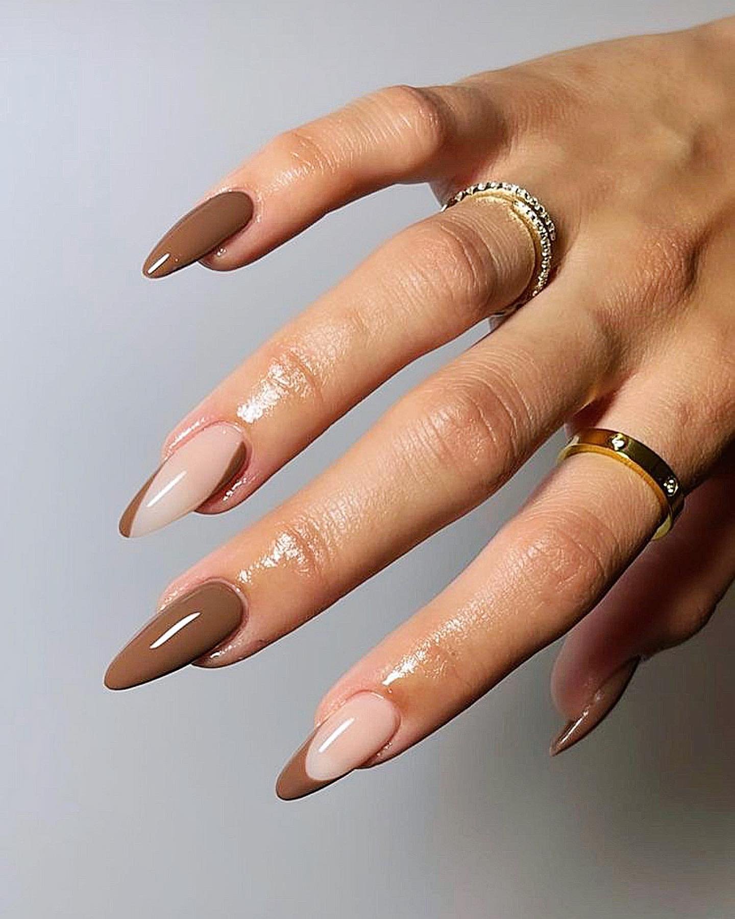Nude and Brown Almond Nails with Alternating French Tips