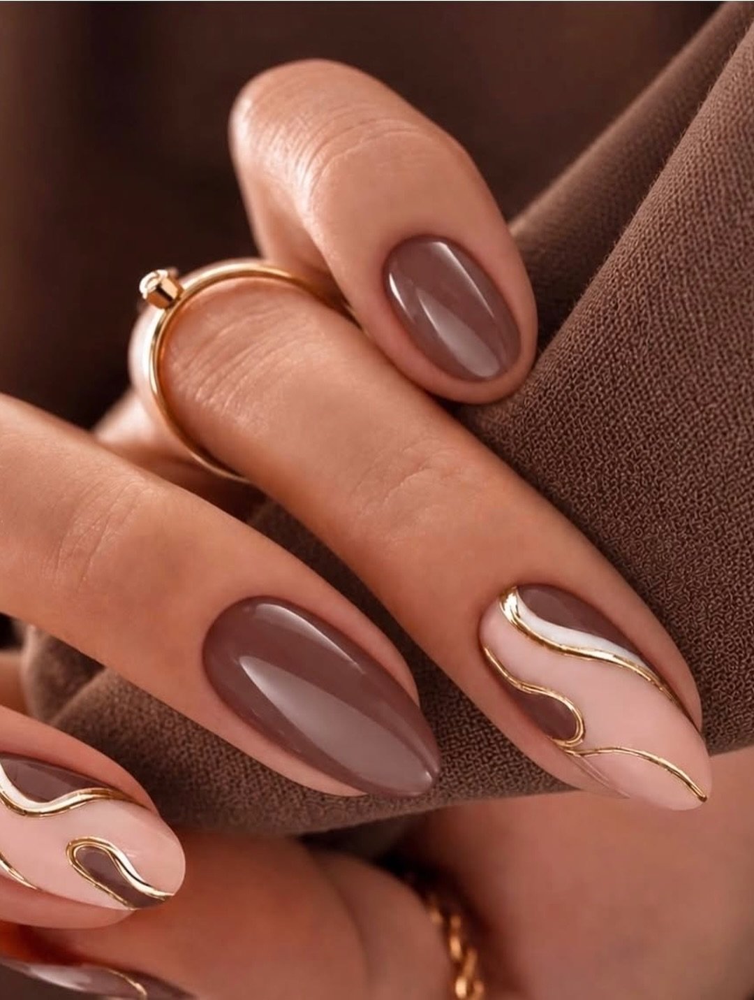 Taupe Almond Nails with Gold Curved Linework