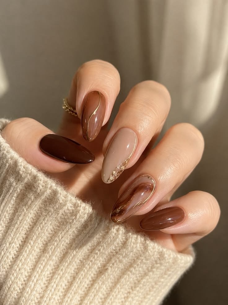 Nude and Brown Almond Nails with Fine Gold Details