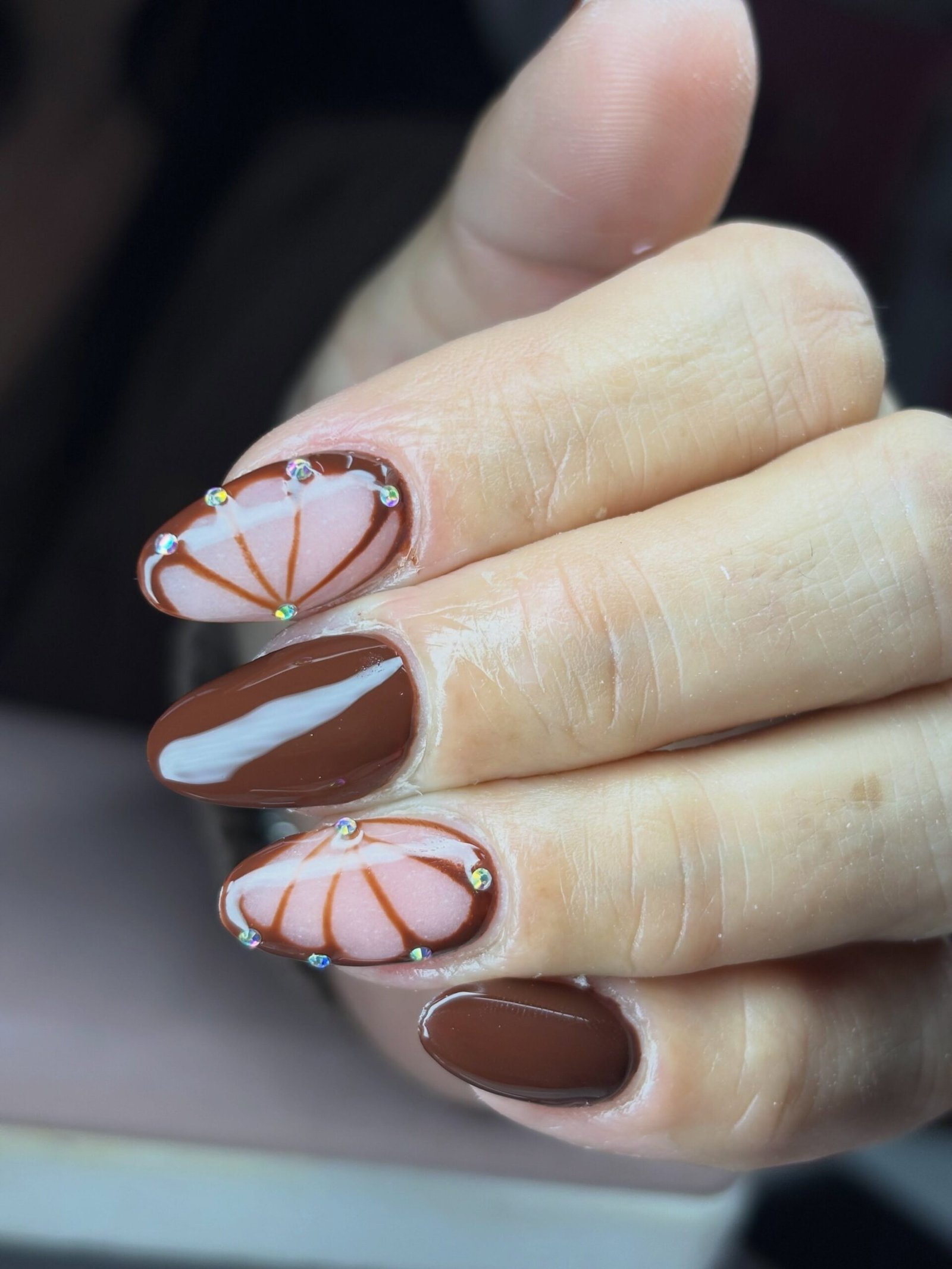 Brown and Nude Almond Nails with Orange Line Art