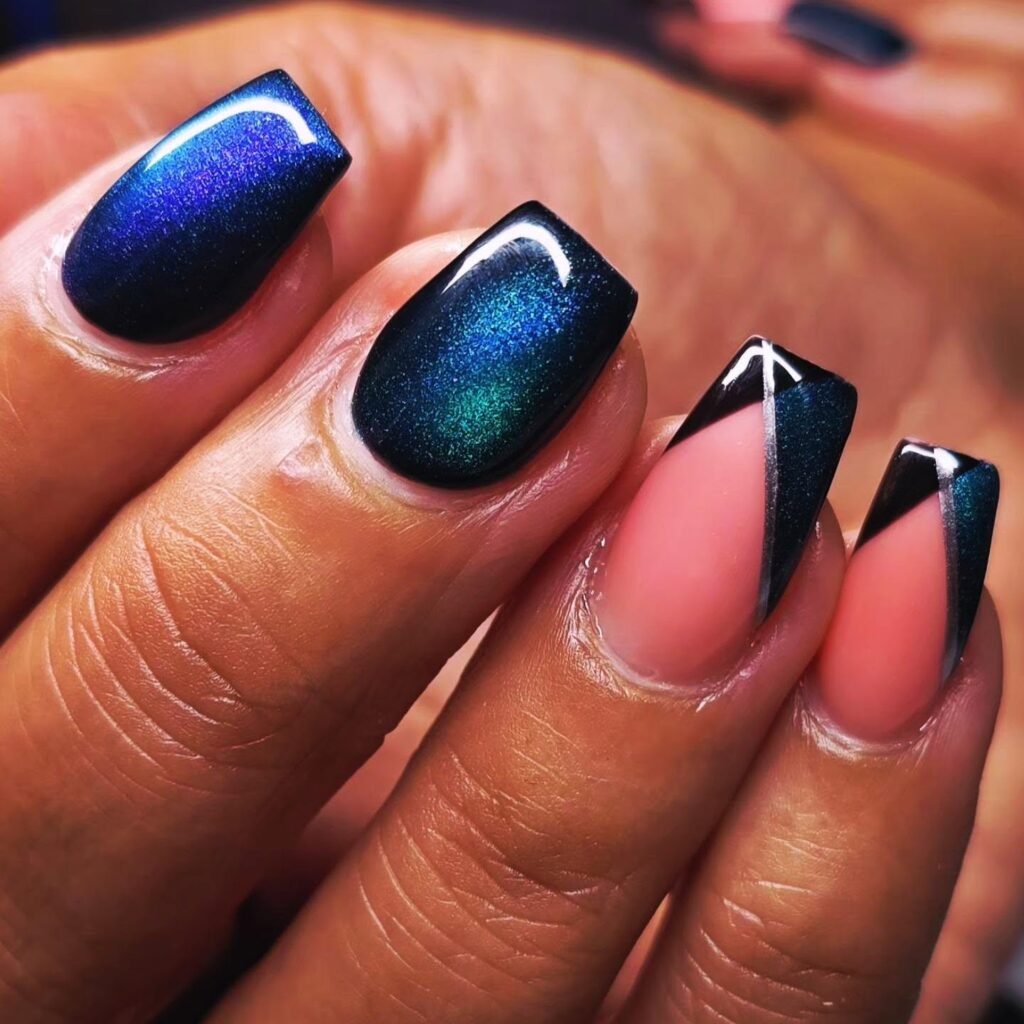 Dark Navy Aura Nails with Pink Angled Tips