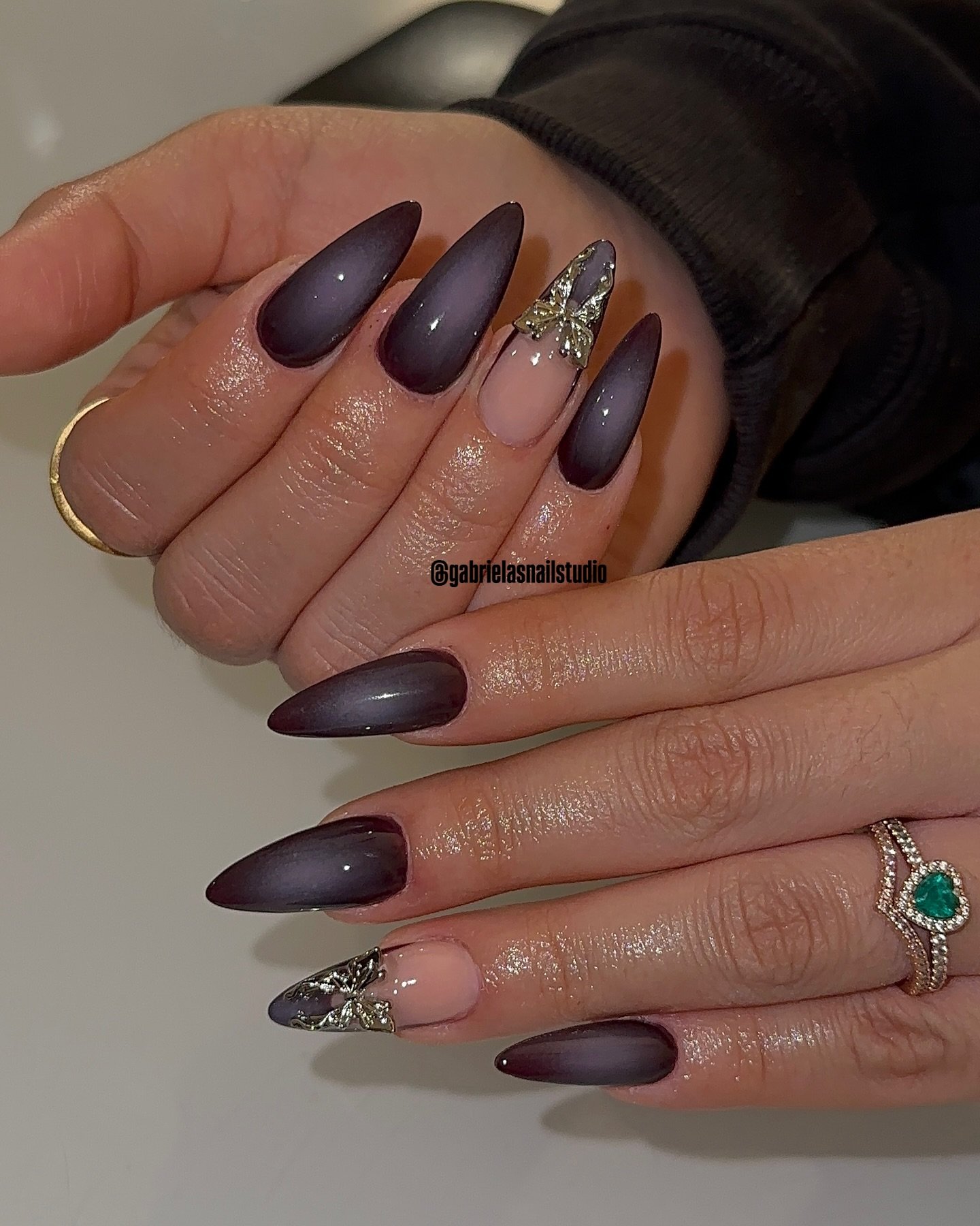 Deep Plum Almond Nails with Glitter Accents