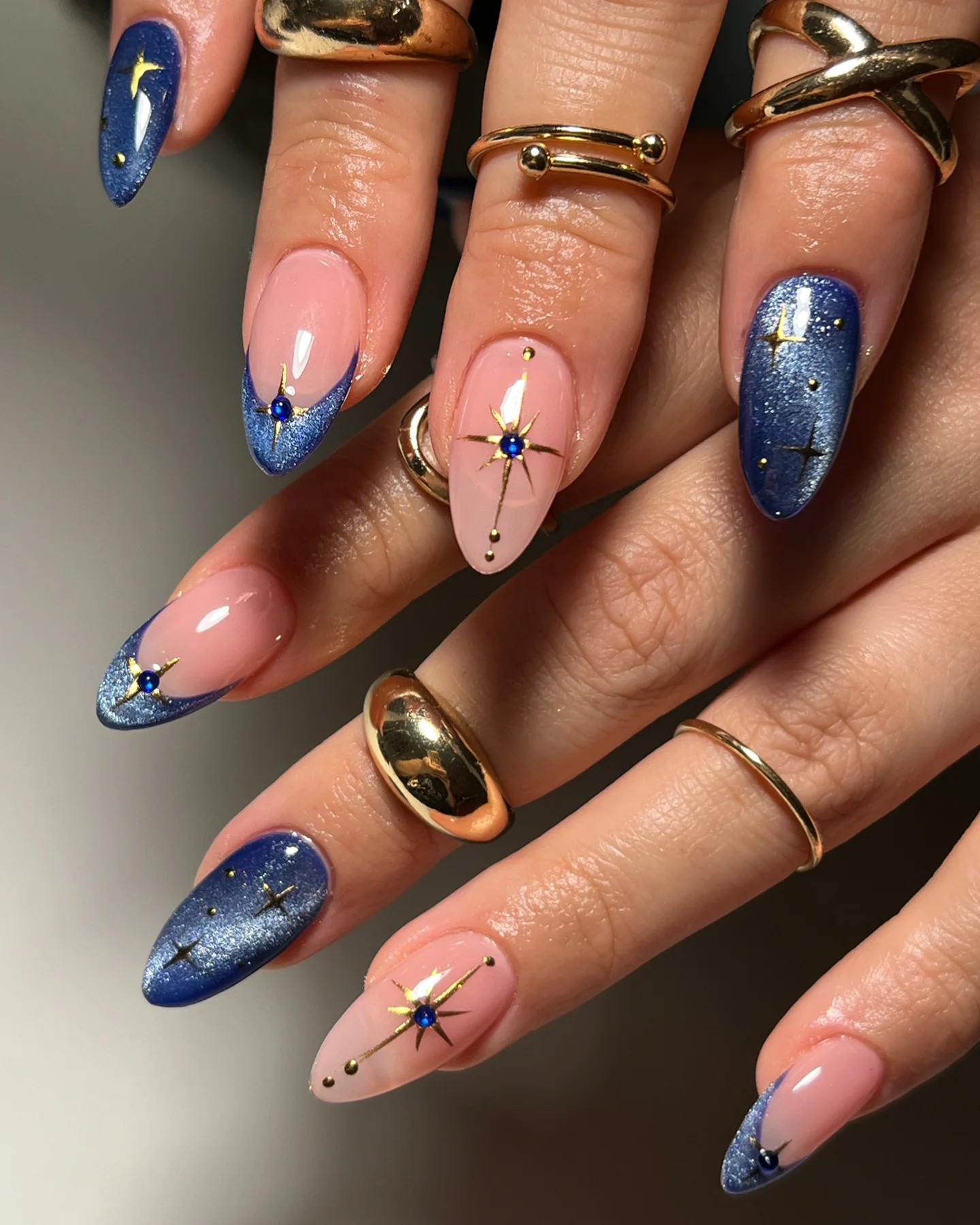 Pink and Navy Almond Nails with Tiny Accents