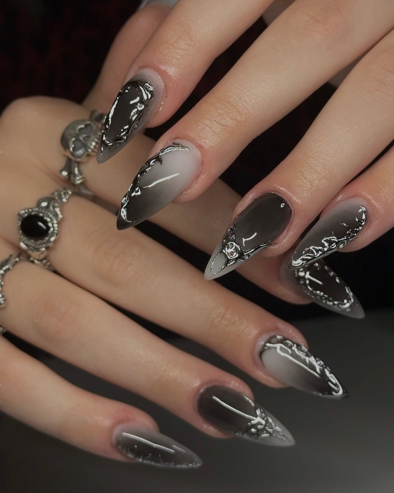 Black and Silver Embellished Stiletto Nails
